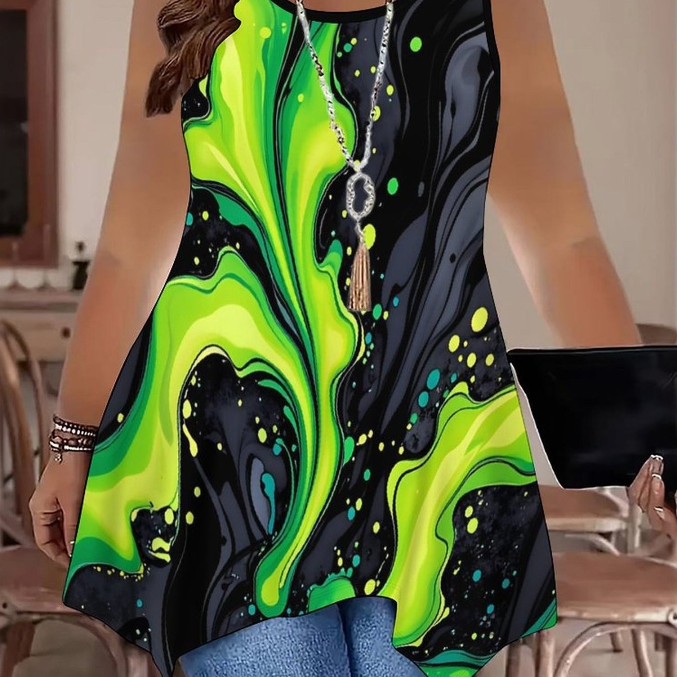 Plus Size, Plus-size Women's Casual And Elegant Style, Fashion, Multi-element Printed Patterns, Dopamine- Neck Vests With Irregular , Suitable For Occasions, Exquisite And Stylish, Recommended
