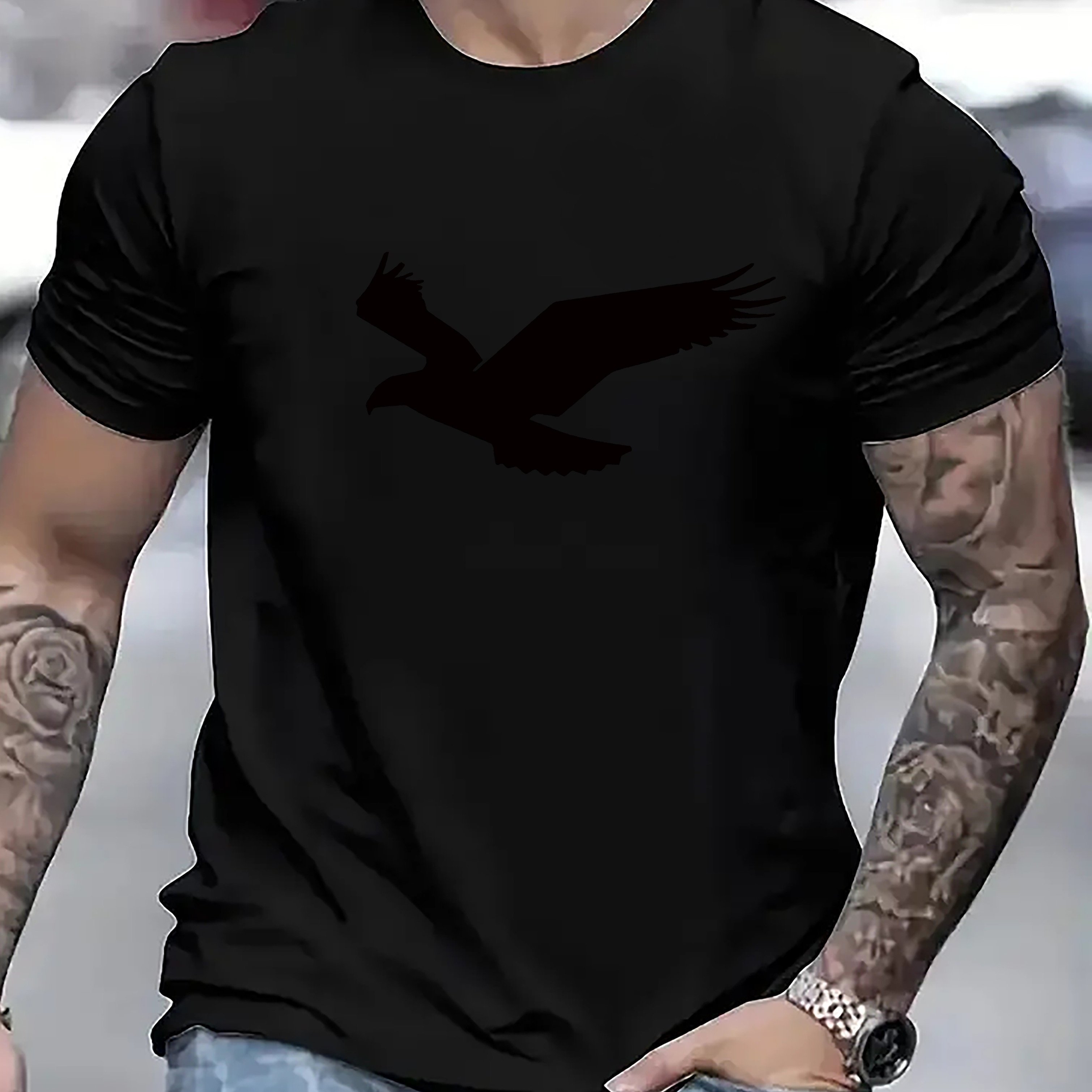 TEMU Black Eagle Print Tee Shirt, Tees For Men, Casual Short Sleeve T-shirt For Summer