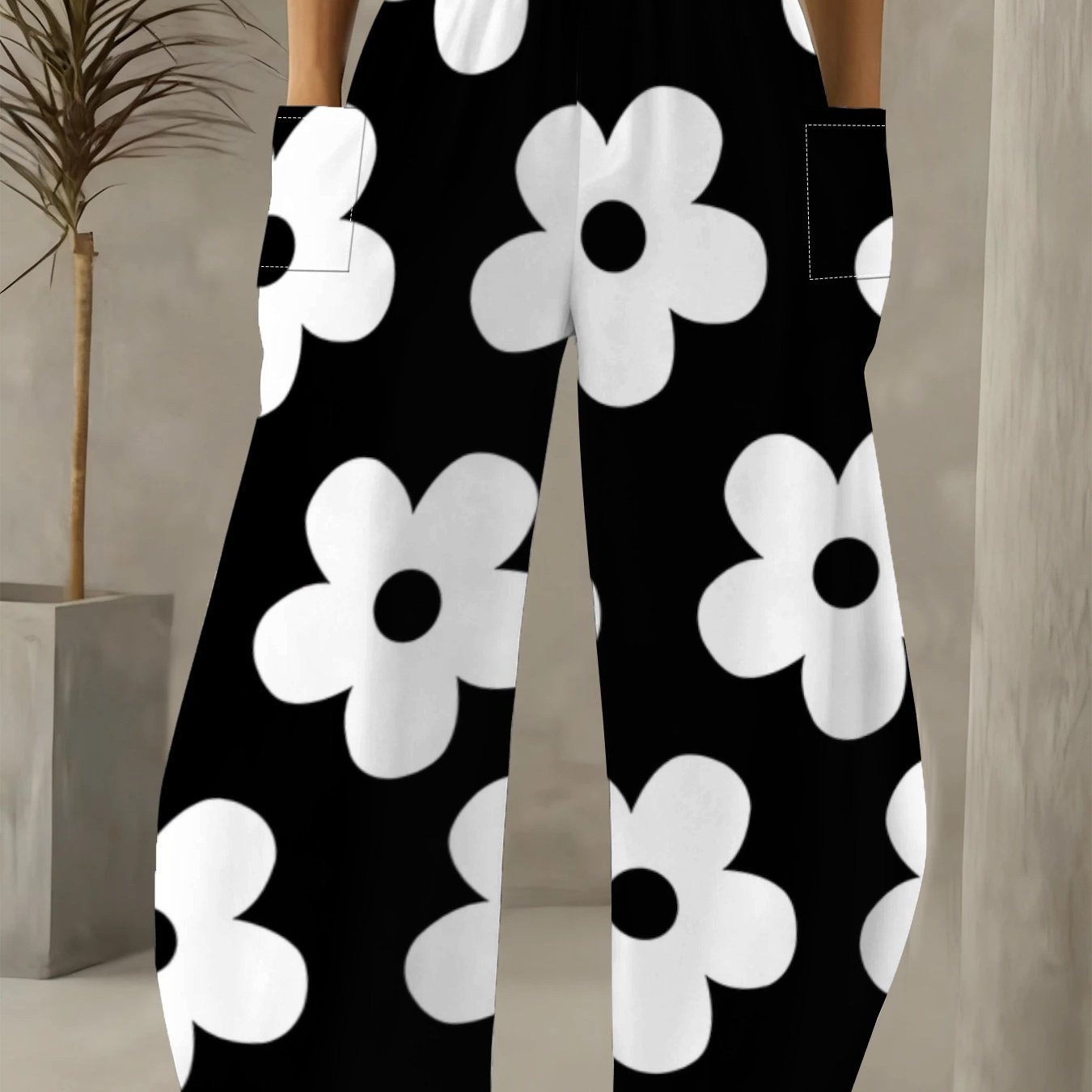 TEMU Vintage Black And White Large Floral Wide-leg Pants For Women, Minimalist Style Floral Trousers, Full-print Black And White Large Floral Pattern