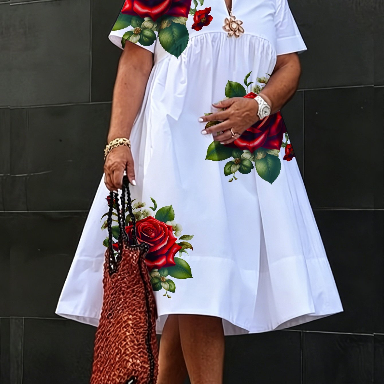 Bohemian Midi Dress Short Sleeve Smocked Waist -line Dress With Print - Loose Fit Dress Suitable For Beach, Party, Daily Wear, Spring Summer Fall Outfits, Machine Washable Dress