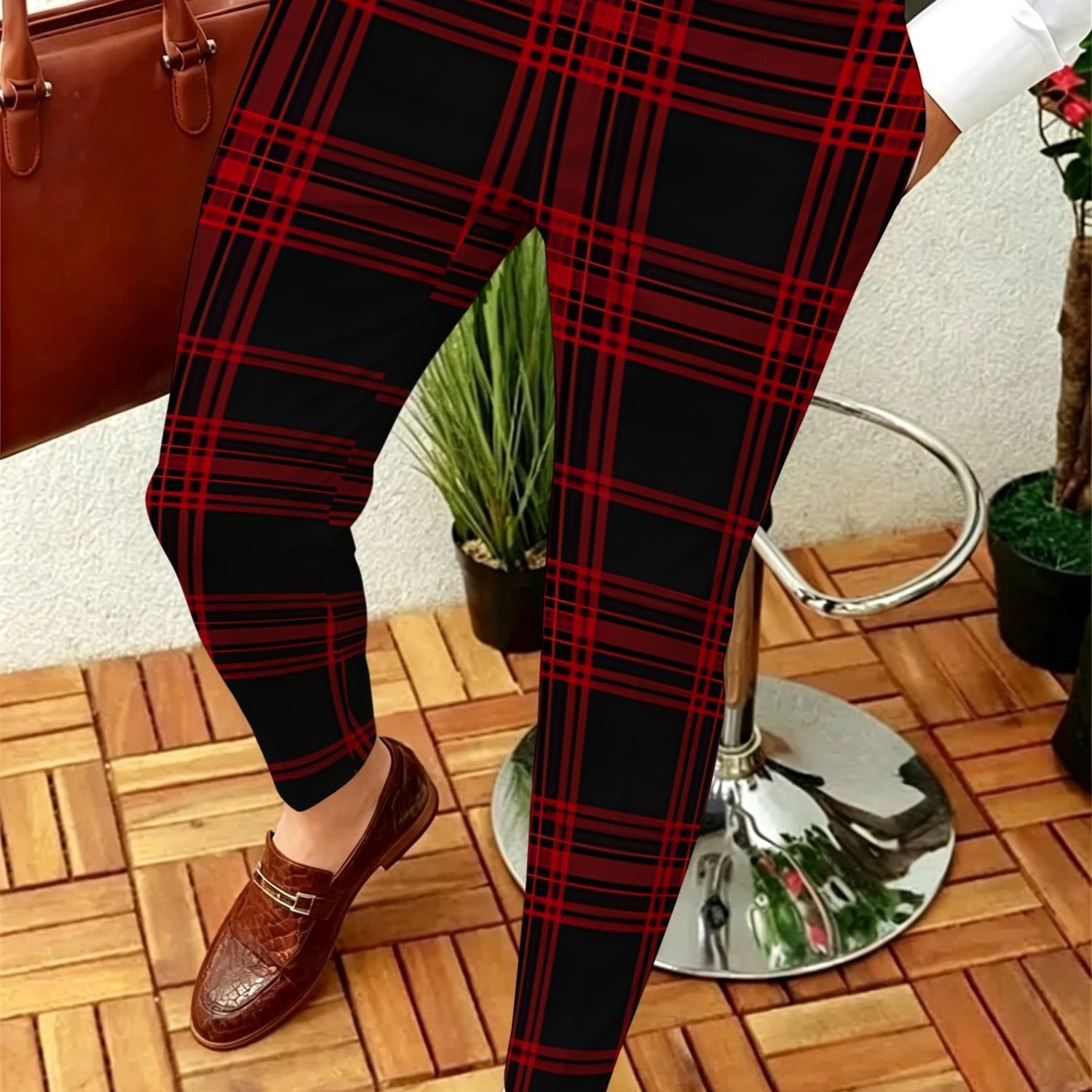 Image of Men's Dress Pants With Red And Pattern, Polyester Fabric, Stylish & Comfortable, Suitable For Business, Formal Occasions, Add A Fashion To