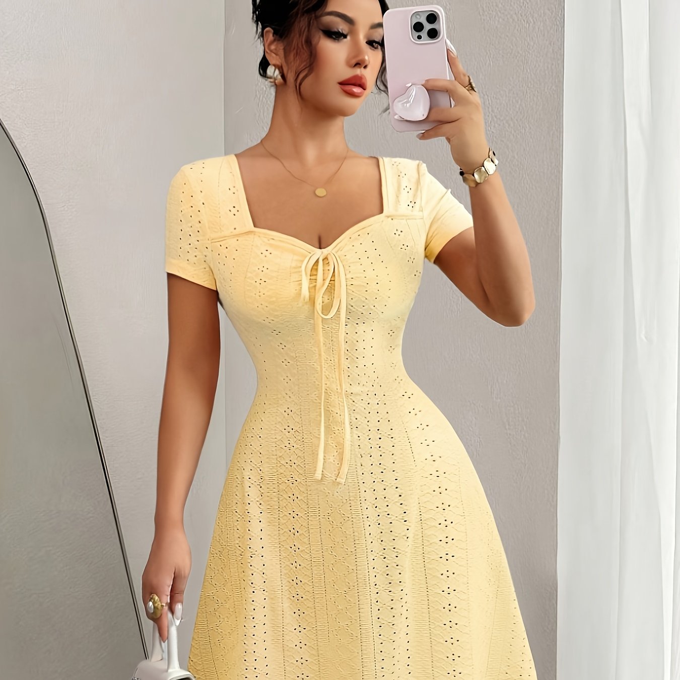 TEMU Women's Fashionable And Elegant Solid Color Front Tie Bow Square Neck Short Sleeve Waist-cinching Dress