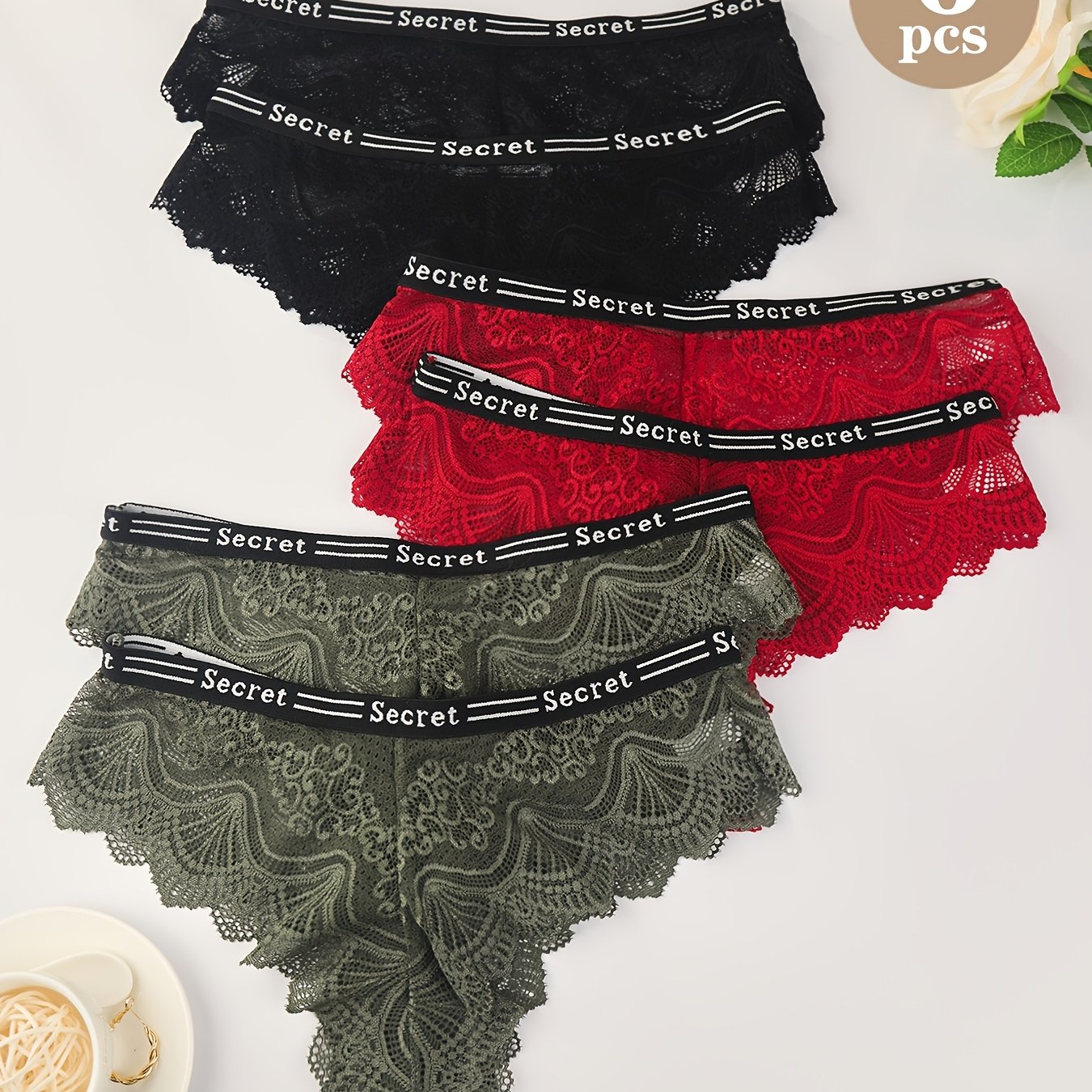 Image of 6pcs Set Women's Floral Lace Thong Panties, Letter Print Double Elastic Waistband Briefs, Soft High-stretch Breathable Crotch Underwear, Mixed 's Intimate Apparel