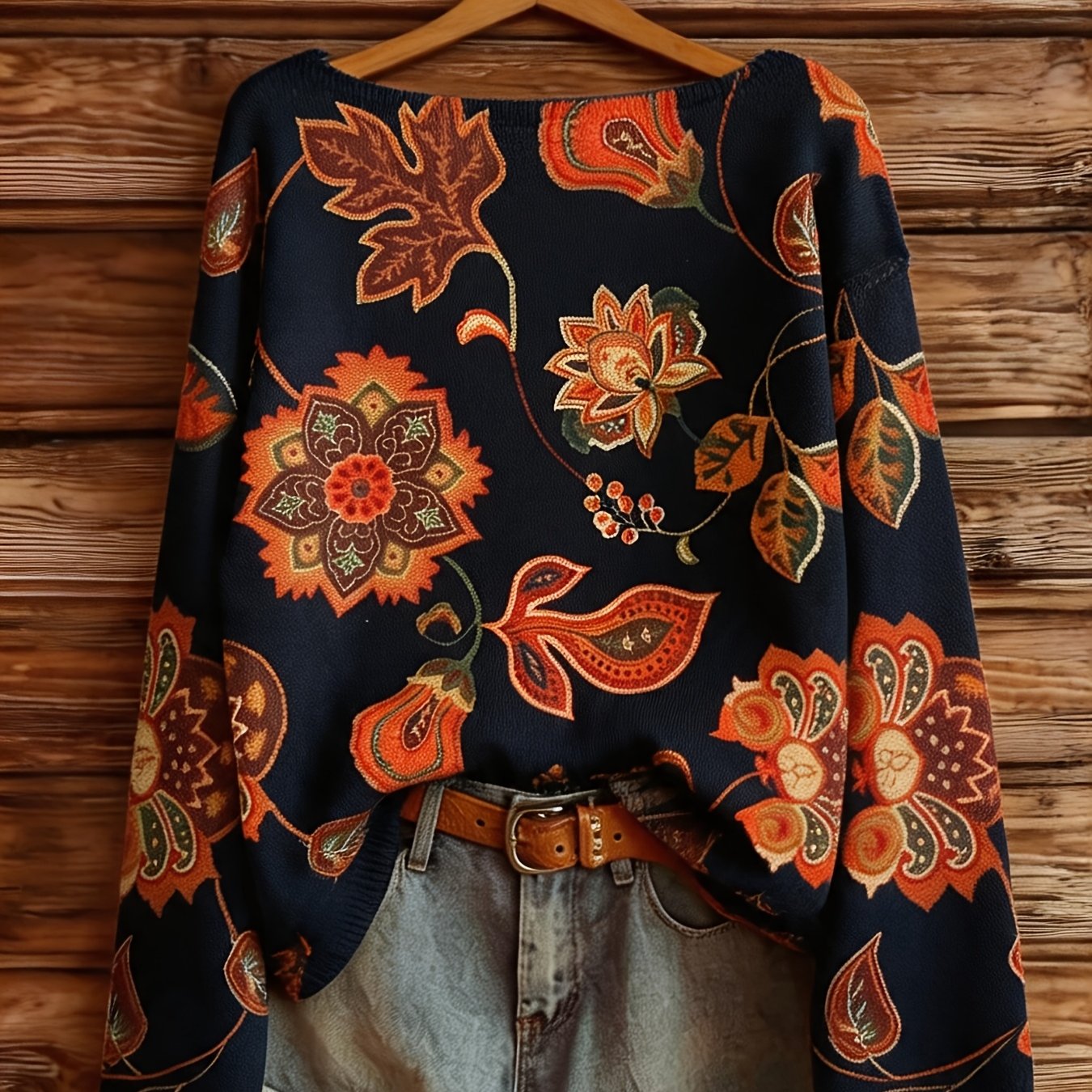 TEMU Grande Taille - Motif Plat 2D Automne Hiver Mode Nouveau Pull Col Rond Manches Longues Haut Femme Motif Floral Impression Numérique Plate