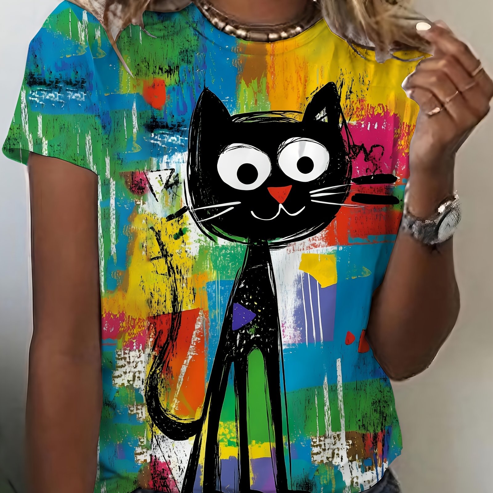 E-shop Lebhafter künstlerischer Stil! Bunter Graffiti-Schwarze-Katze-Druck-T-Shirt, lässiges bequemes Damen-Home-Top, elegantes Damen-T-Shirt mit