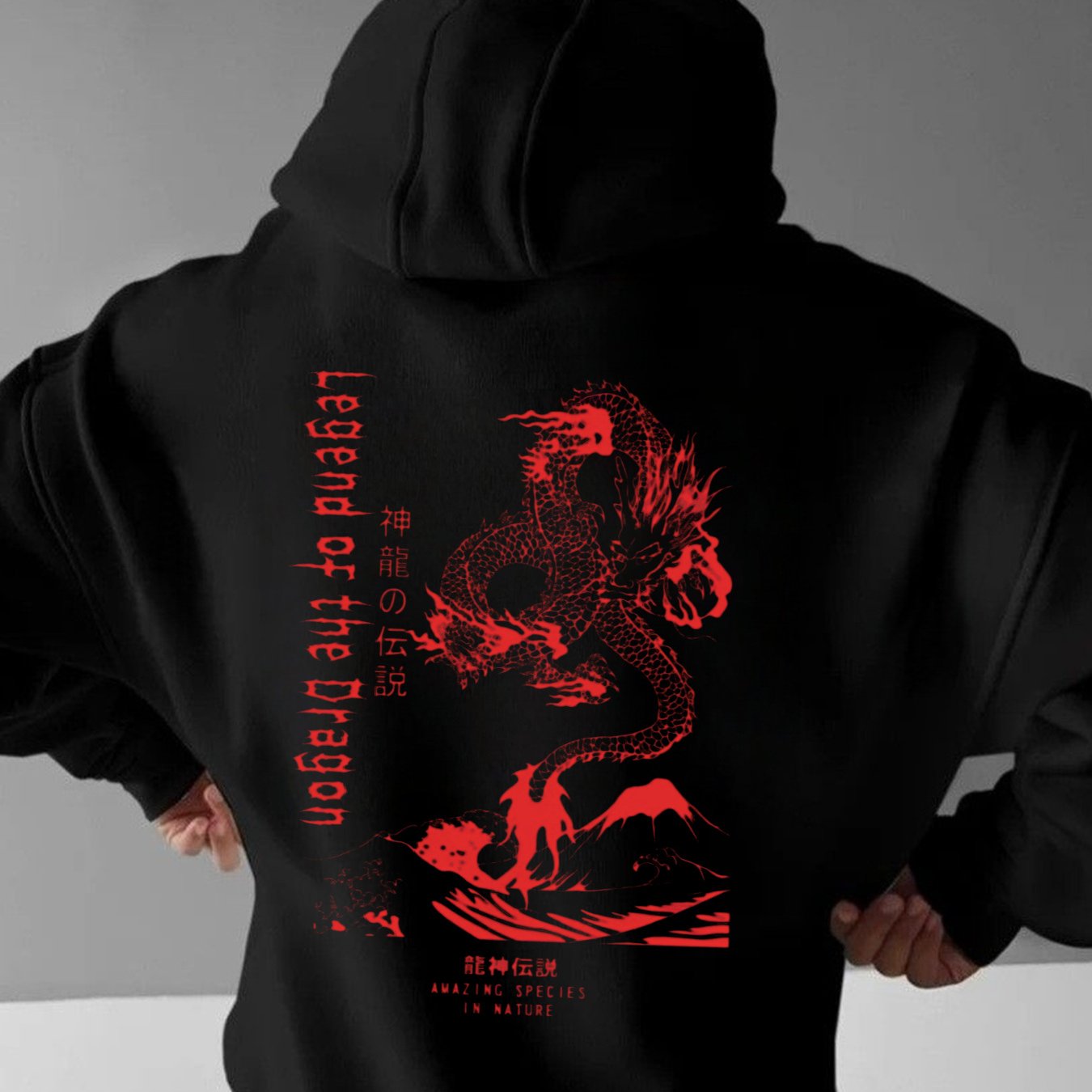 Image of Stylish Black Hoodie For Men Featuring A Dragon Design: Perfect For Casual Streetwear, Made From Soft For During Autumn And Winter, With A Red Graphic. A Versatile Addition To Your Wardrobe