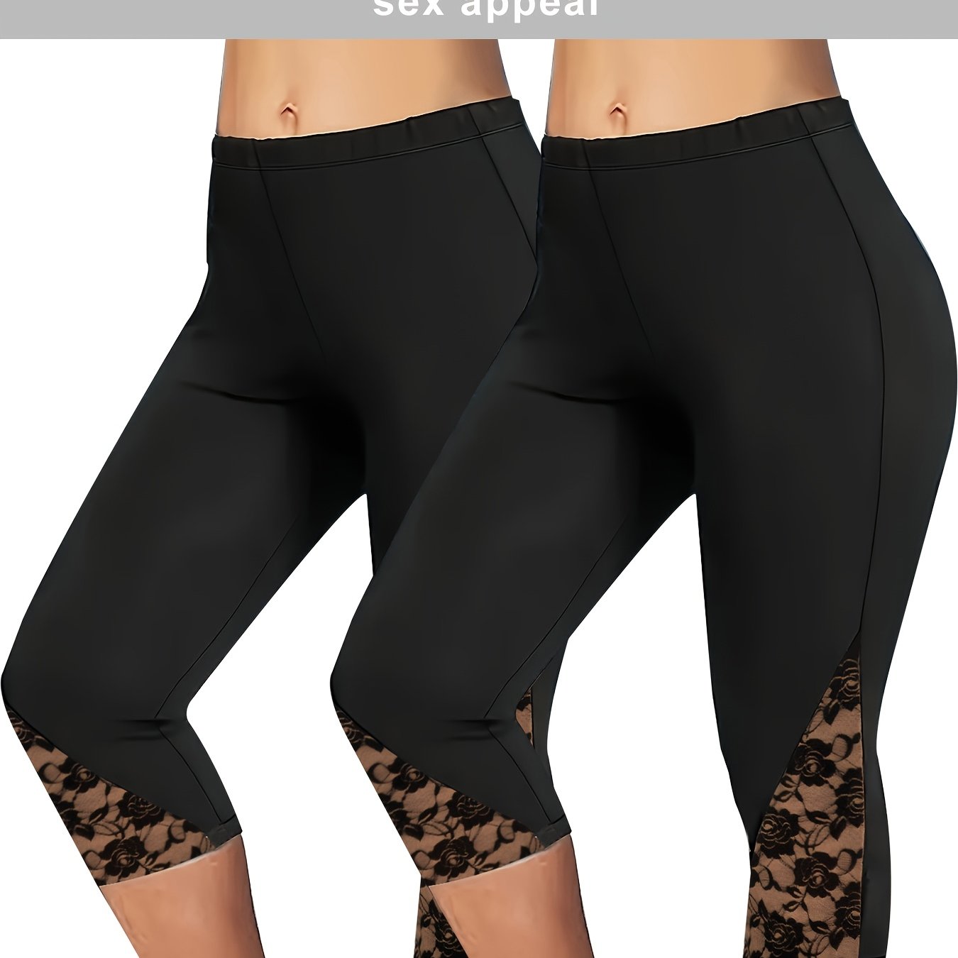 TEMU Plus Size - 2pcs Set Plus Size Ankle Ruffles Lace Design, Tight Capri Leggings, Casual Daily Stretchy Leggings, Women's Plus Size Clothing