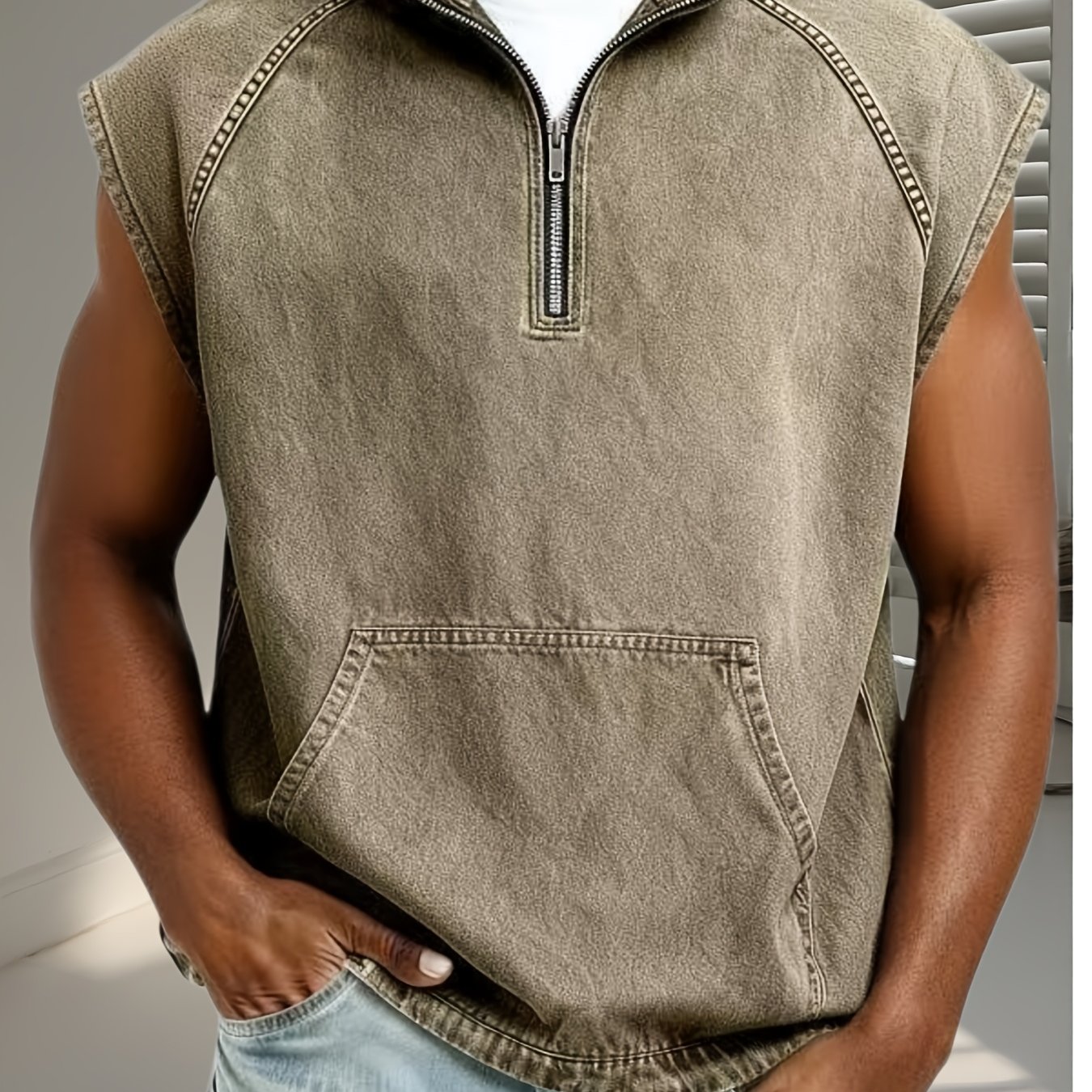 Image of Men's Vintage Washed Sleeveless Hooded T-shirt Denim Vest, Raglan Half Zip Pullover Shirt Tshirts Tank Top With Kangaroo Pocket Casual Workout Hoodie Streetwear