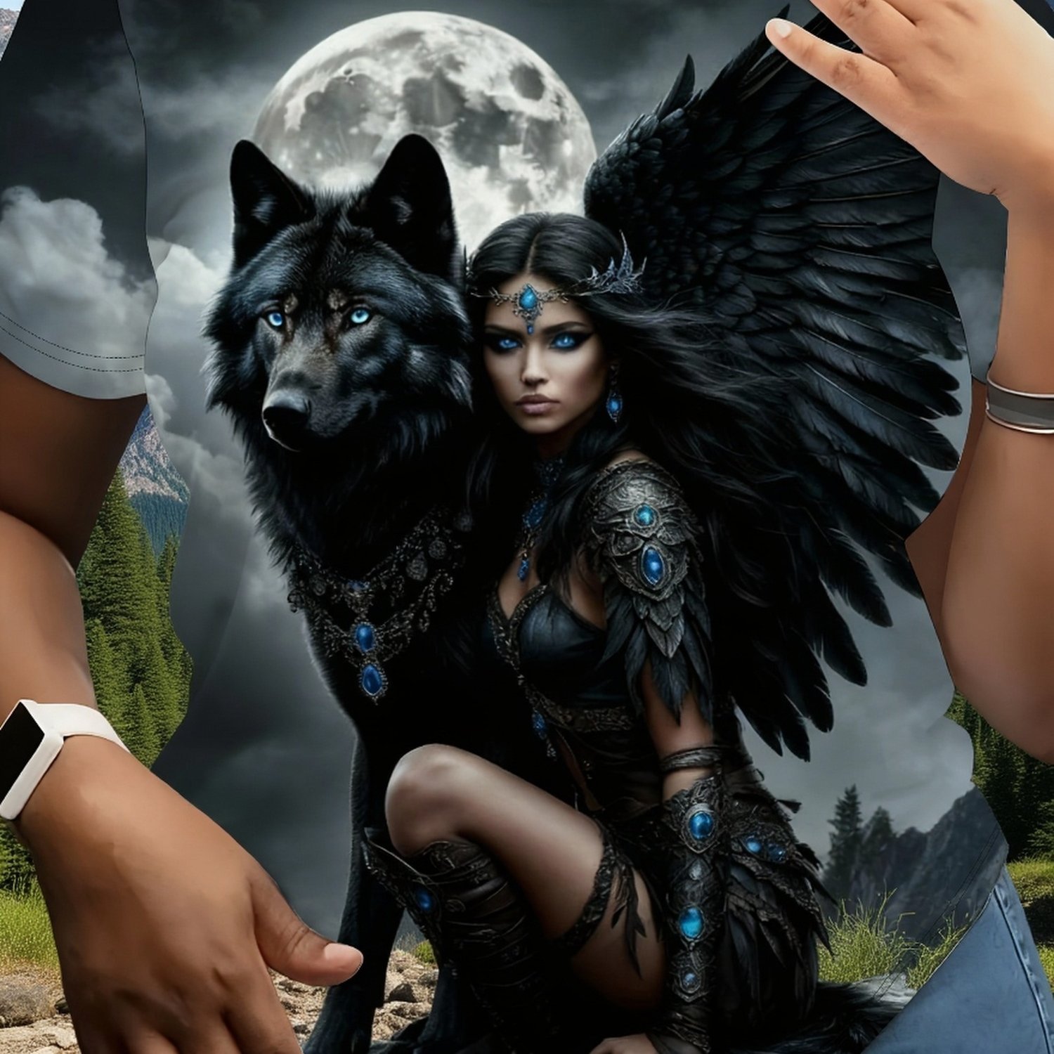 TEMU Women's T-shirt, Women's Short Sleeve, Artistic Style " Black Wings And Shadow Wolf" Themed Print Short Sleeve T-shirt, Symbiosis Top