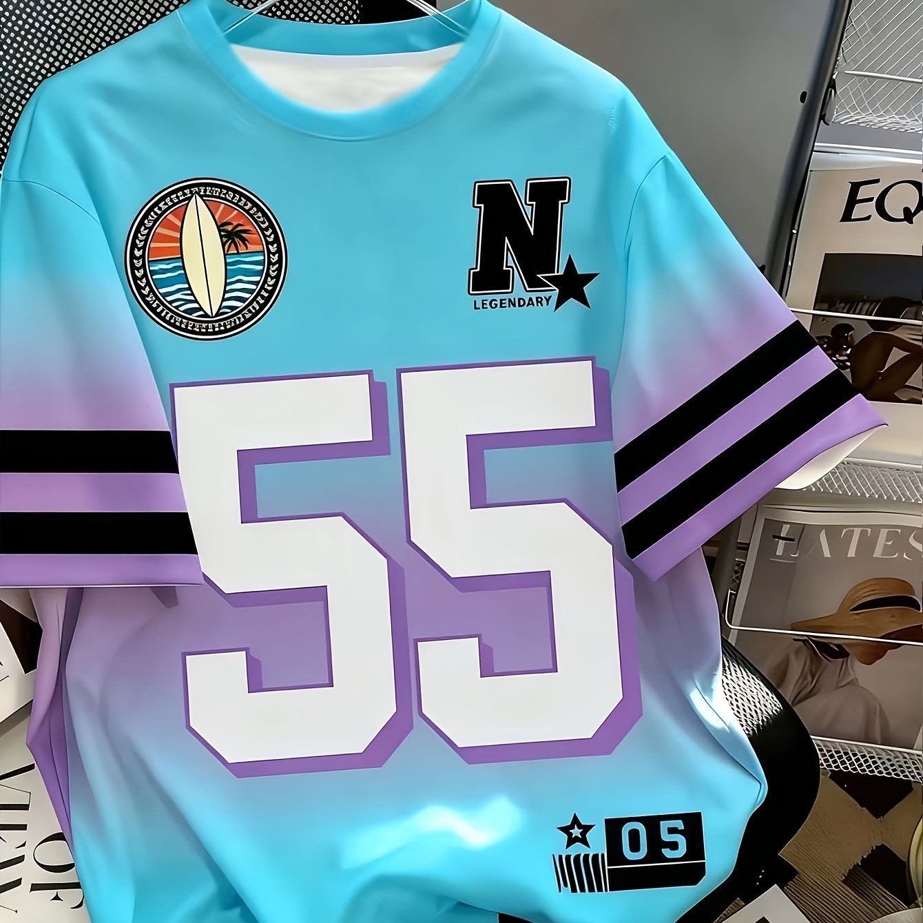 TEMU [print Design – Not Textured//sequins] Men' Size T-shirt, With "55" Number , Casual Athletic Style, Regular Fit Round Neck Short Sleeve, Plus