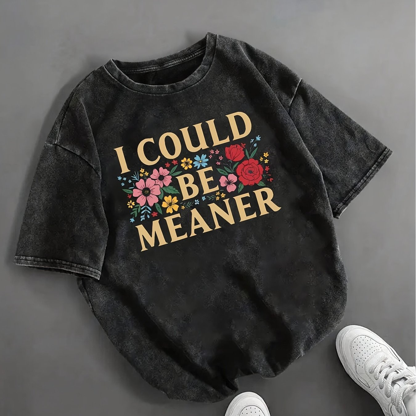TEMU T-shirt délavé pour femmes - Imprimé graphique "I Meaner", col rond, style rétro décontracté, haut de t-shirt délavé pour tous , confortable