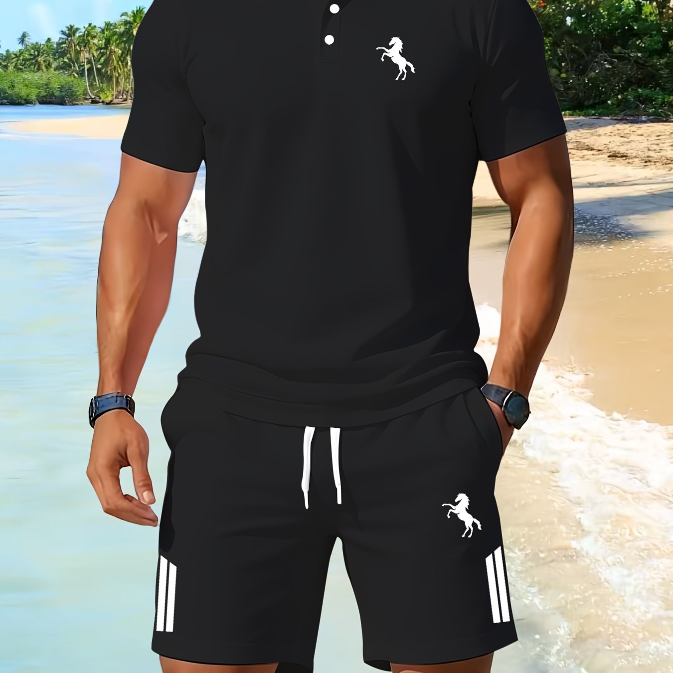 TEMU Summer Men's Athletic Set, Classic Collared Shirt And Shorts, Durable Fabric For Repeated Exercise, Fitness, Jogging, Leisure Entertainment,