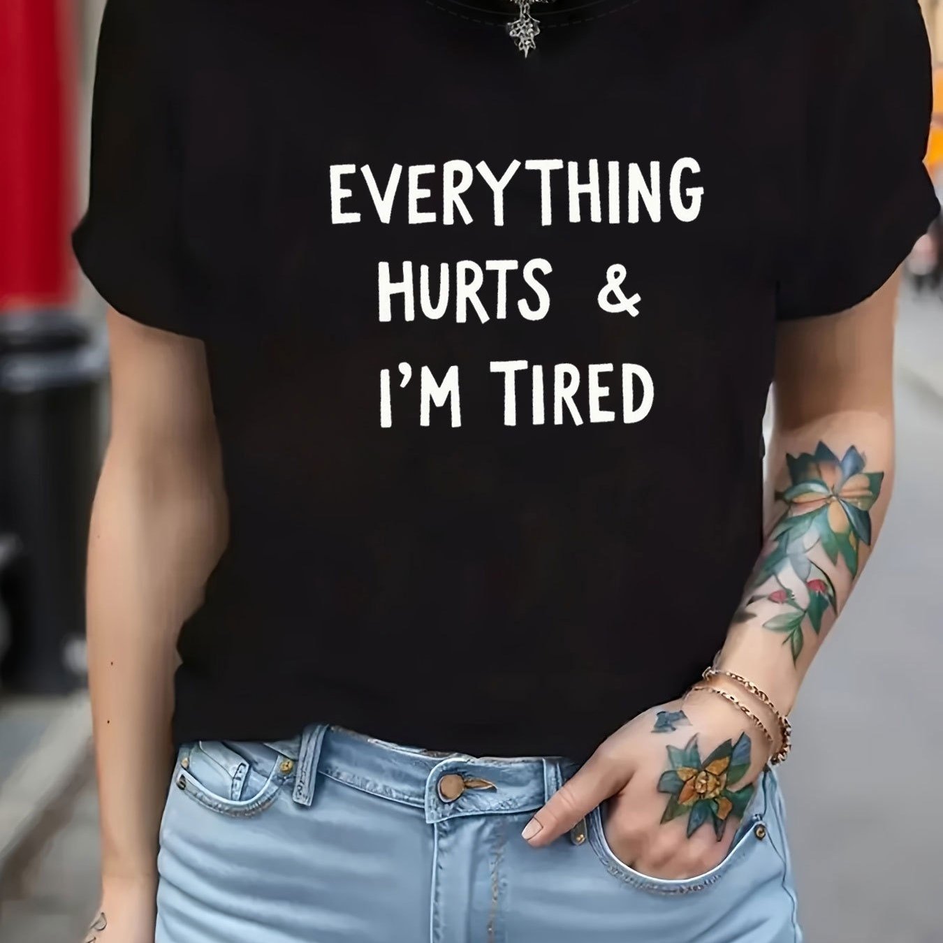 TEMU Women' Oversized "everything I' Tired" Slogan T-shirt - Crew Neck Short Sleeve Top With Slogan Print, Plus Size Casual Lounge Wear, Unisex