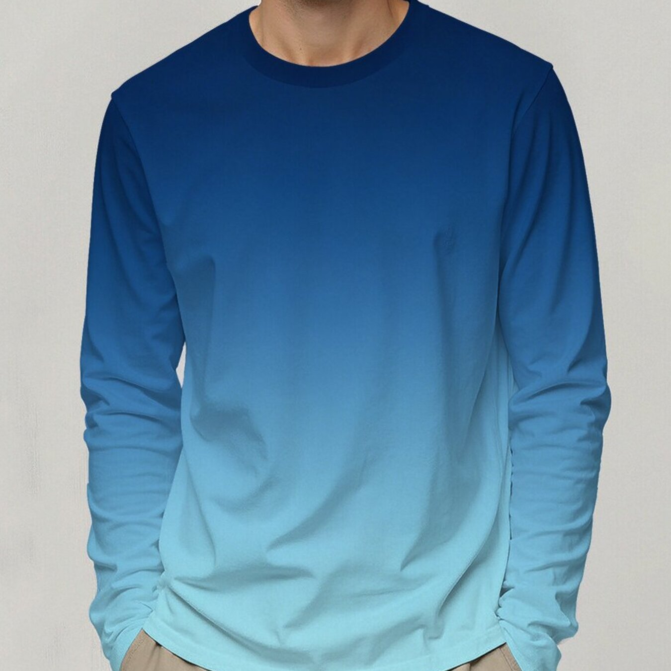 TEMU Men's Blue Gradient Ocean Print Long Sleeve T-shirt - Round Neck Casual Shirt Suitable For Spring/autumn, Versatile For Home, Commuting, Parties