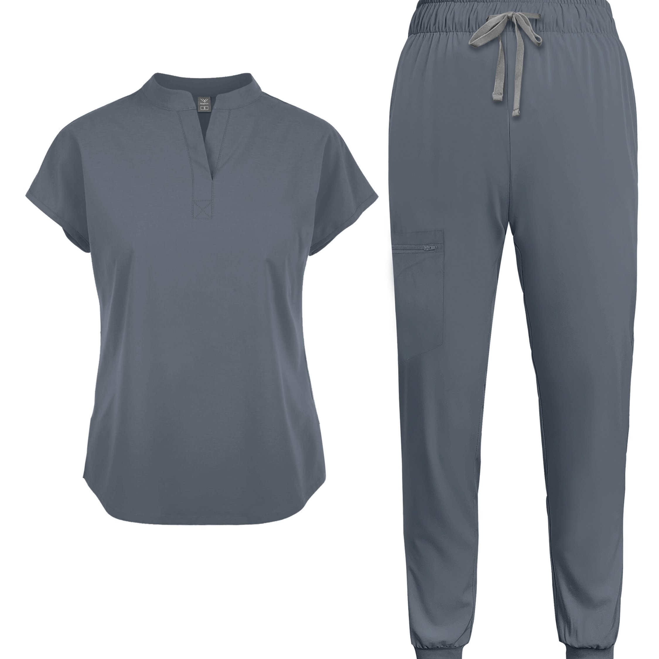 TEMU Women's Casual Scrub Set - Solid Color Short Sleeve Tunic & Pants With Pockets, Collar, Regular Length, , Casual Workwear For Nurses, Dental &