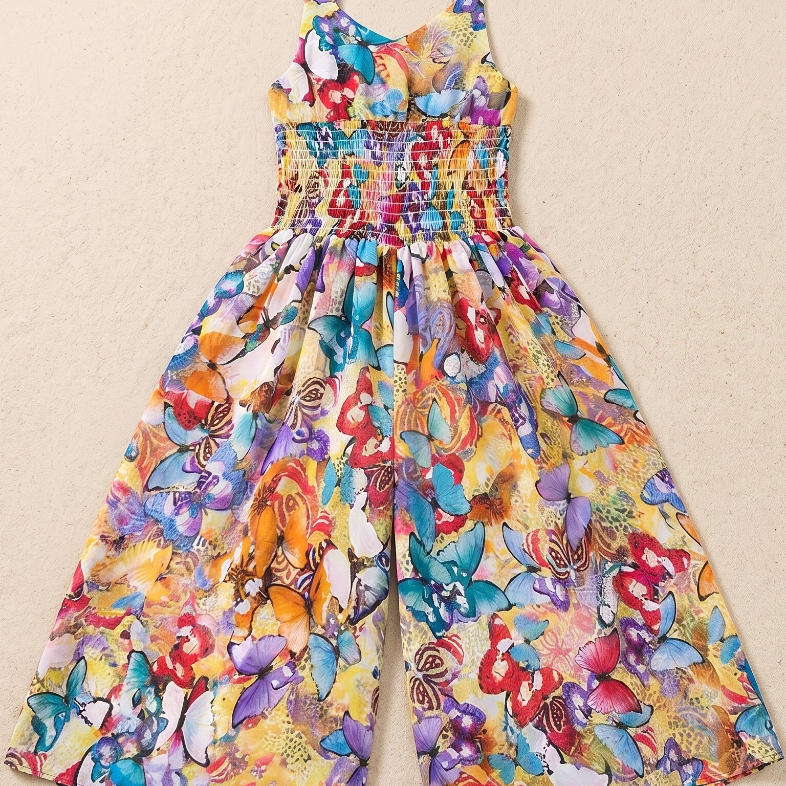 TEMU Girls' Elegant Print Sleeveless Wide-leg Romper, Lightweight Polyester With Vibrant Colorful Design, Perfect For Spring/summer & Beachwear | Machine Washable, Ideal Outdoor , Perfect For Outdoor