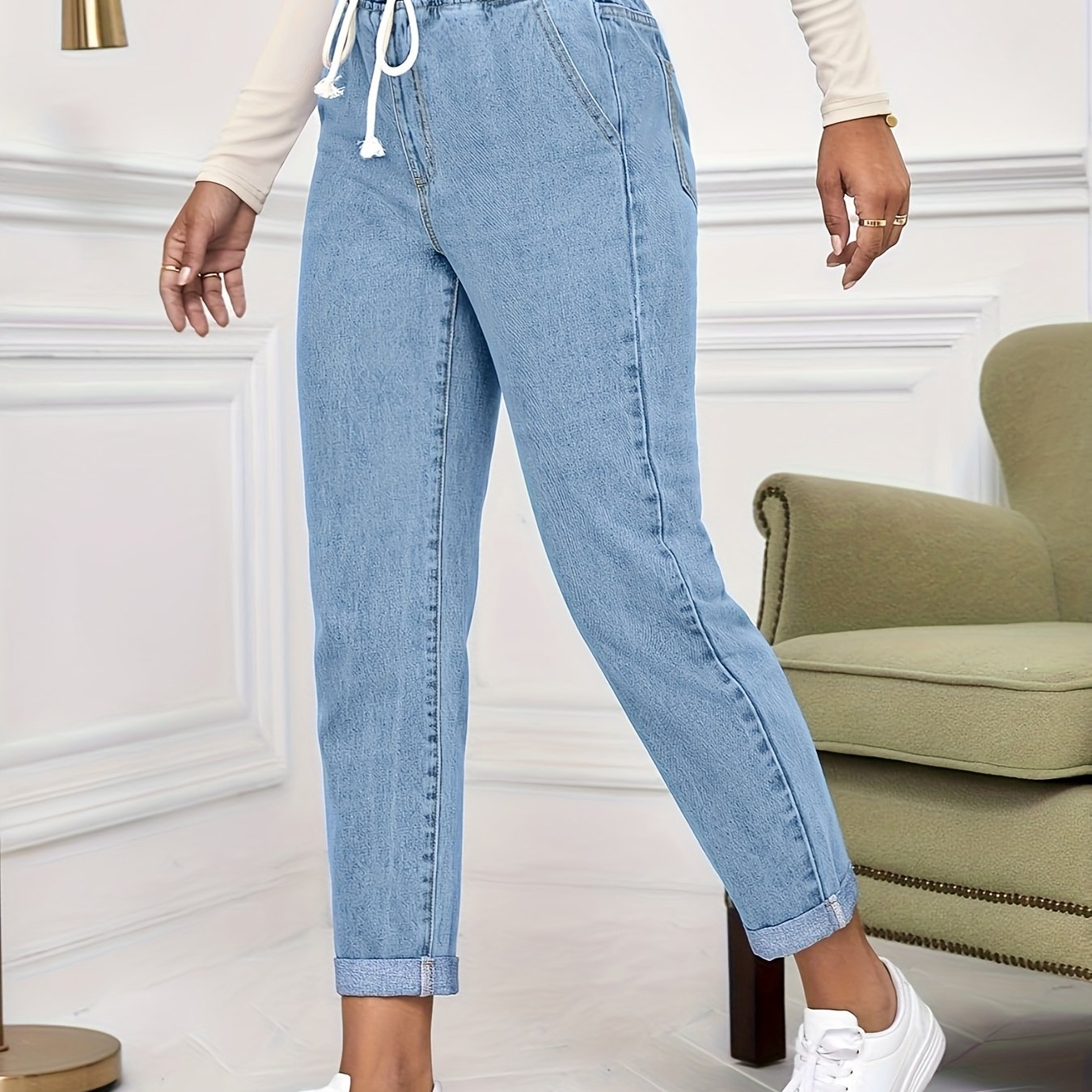 Aw25 Fashionable Elastic Jeans Versatile Casual Rolled Drawstring Women's Pants