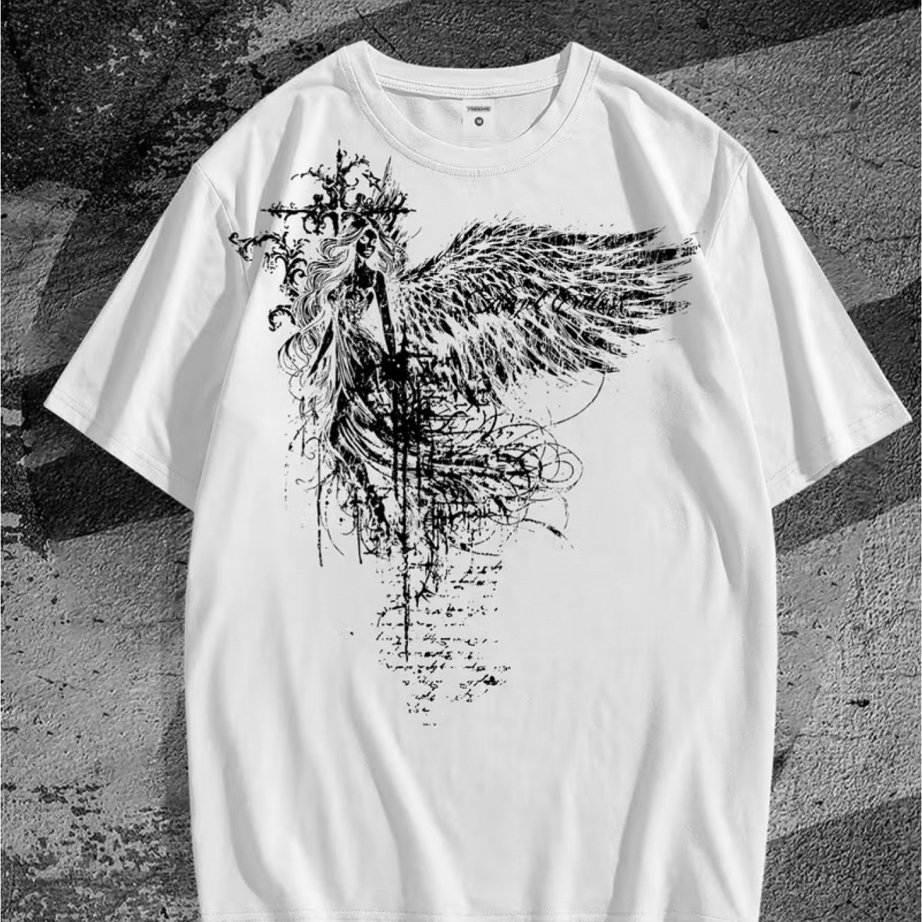 Image of Dark Gothic Fallen Print Design - Men's Summer Street Fashion Short Sleeve T-shirt, 2d Hot Stamping, Soft 100% T-shirt, High-quality Breathable Mesh Fabric