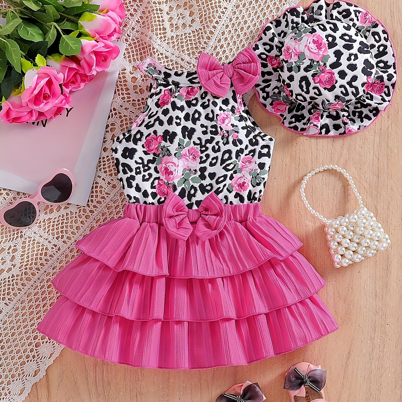 Image of Girl's Fashion Leopard Print Rose Vest With Puffy Skirt And Sun Hat Streetwear 3pcs Set