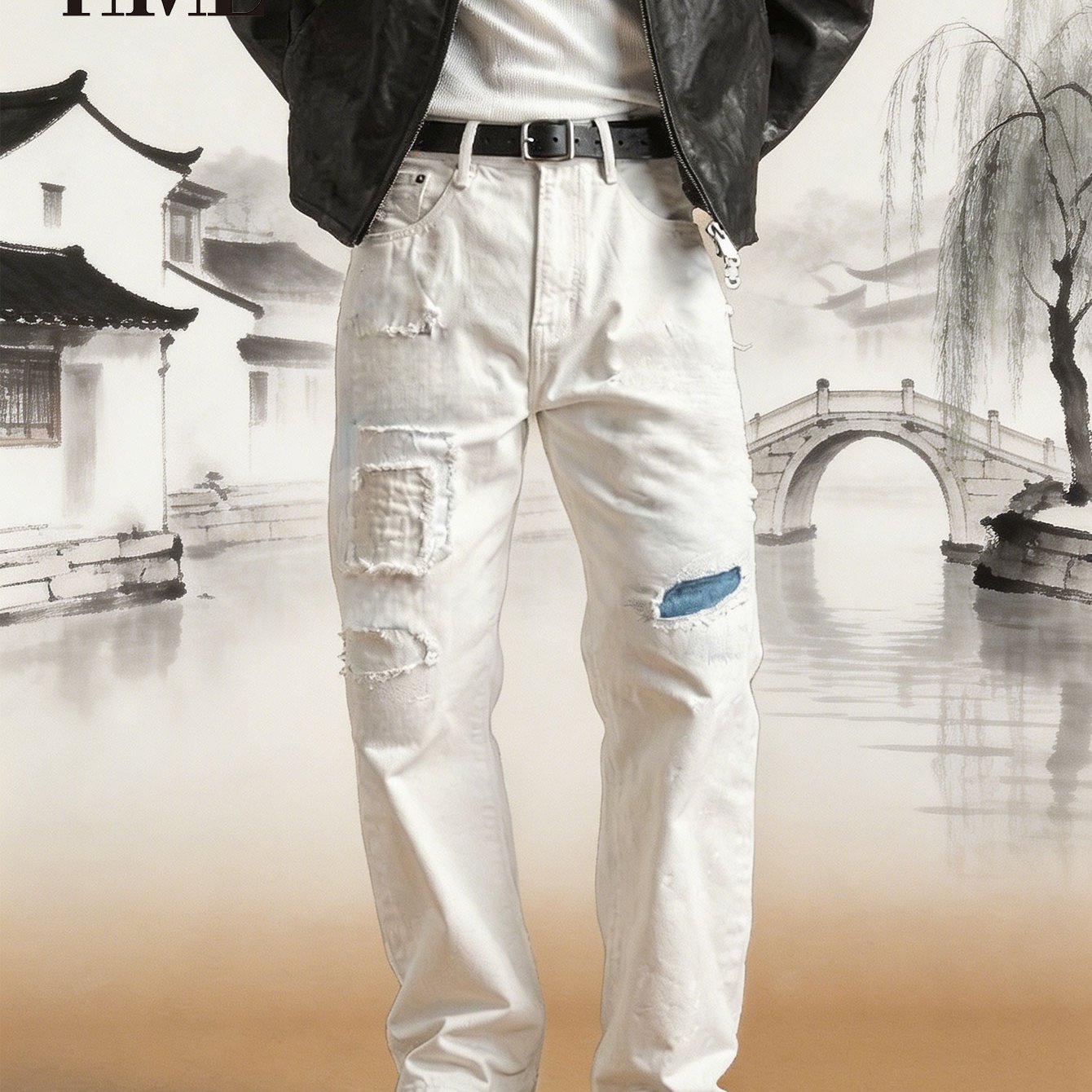 Image of Hme Summer White Men's Jeans. Stretchy Straight Leg Modifies , High-end Washing , Not Easy To Fade Or Pill, Ripped Patch Design Shows Street Style, Versatile For Daily Wear Without Hesitation.