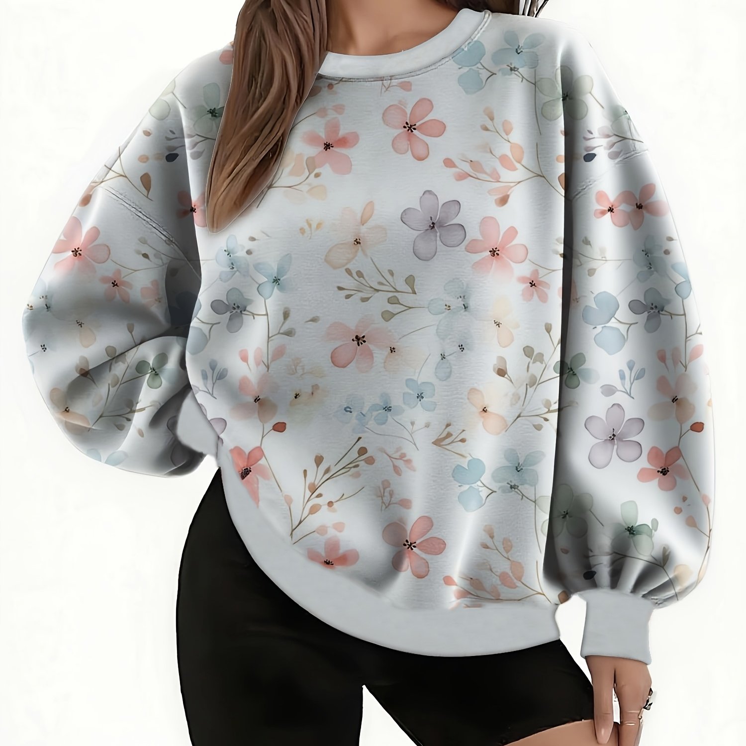 TEMU Plus Size, Plus Size Women's Floral Print Crew Neck Sweatshirt - Soft And Breathable Long Sleeve Pullover, Color , Unisex Casual Winter Sweater