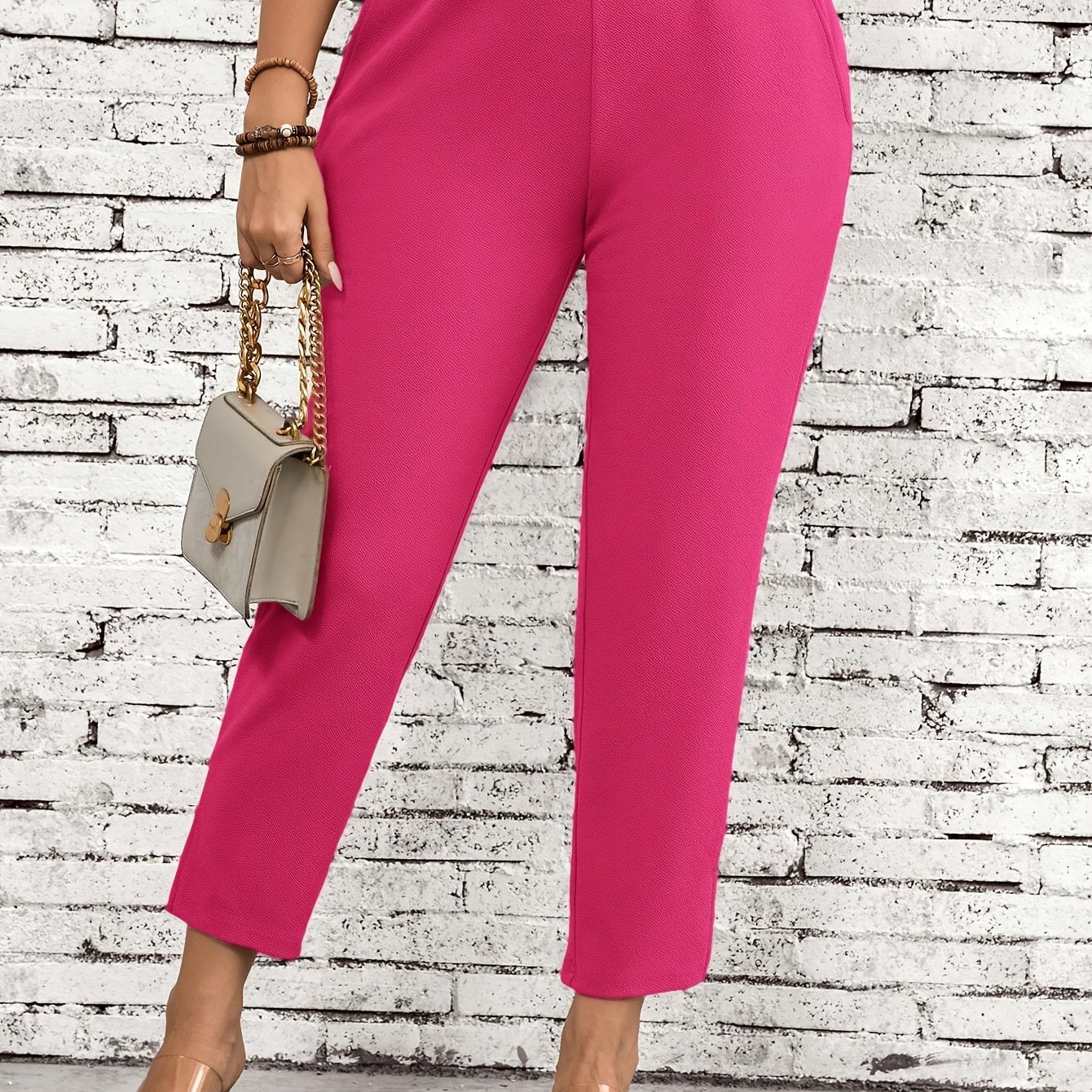 TEMU Plus Size, ' Plus Size Elegant Solid Color Pocketed Trousers (cone Pants) - Wide Trousers With Utility Pocket, Machine Washable, Spring Summer