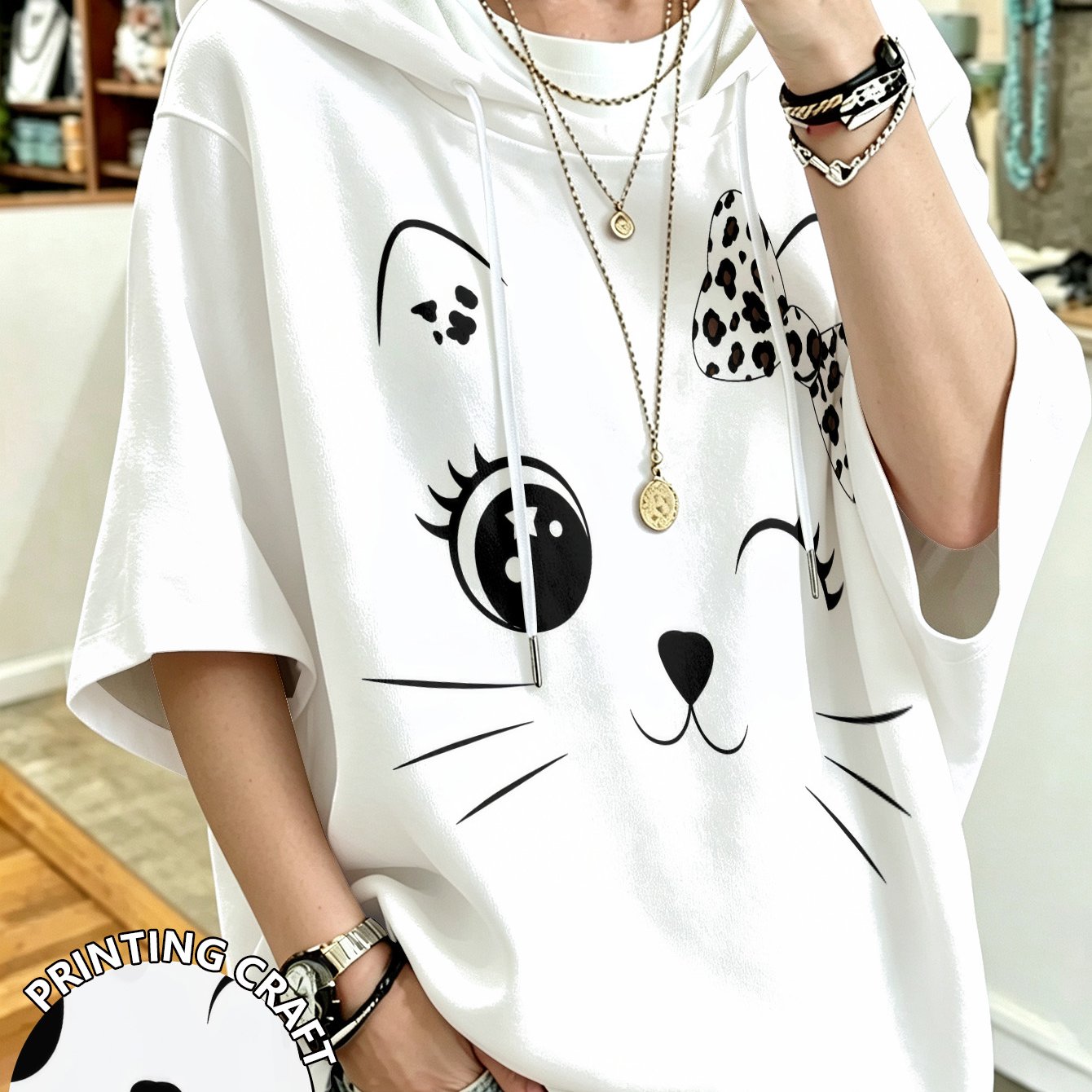 TEMU Plus Size - Printed Design - Not Textured Plus Size Women's Hooded Top, Cartoon Cat Print Loose Drop Shoulder Sleeve Hoodie, Cute Plus Size