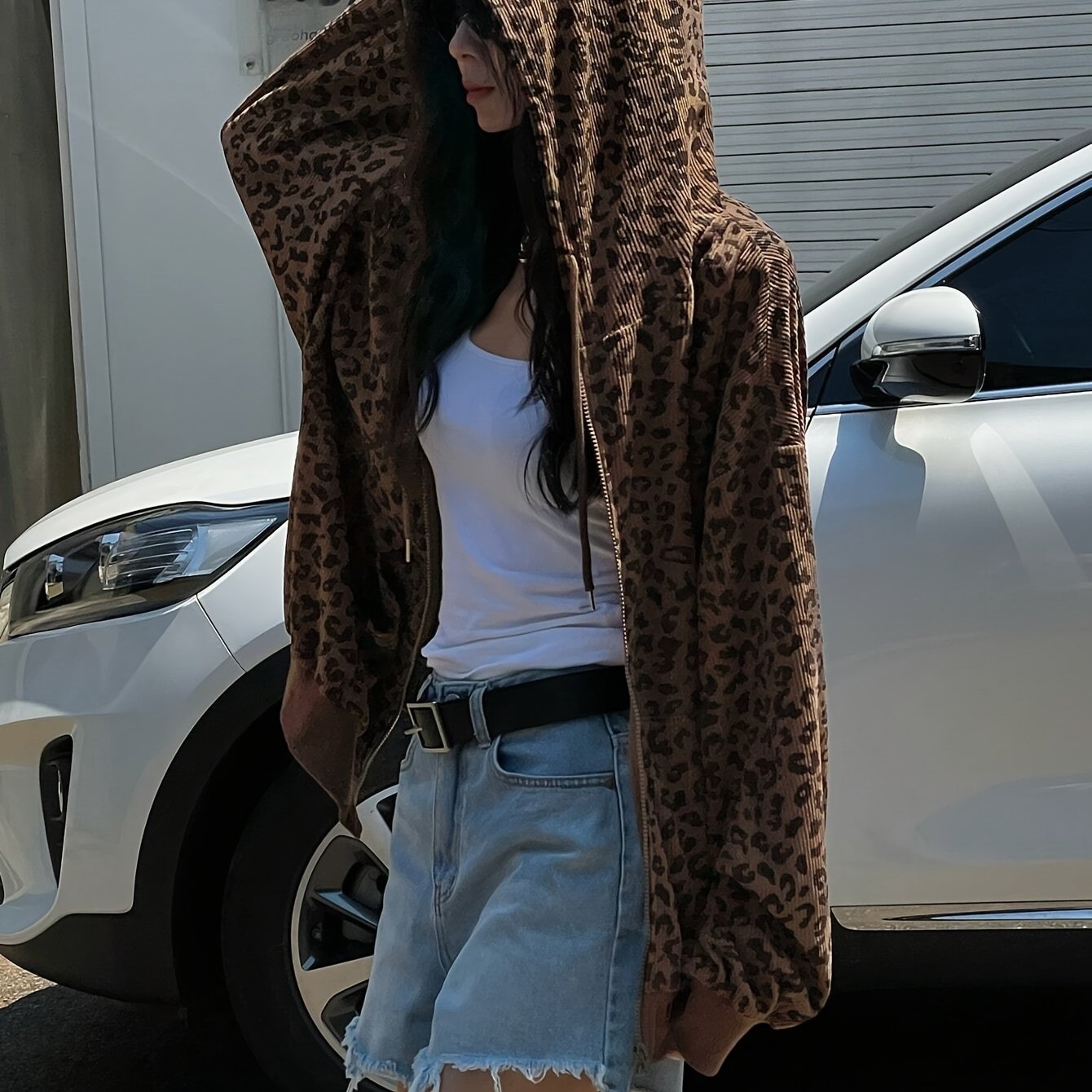 TEMU Autumn Winter Women's Fashion Loose Leopard Print Drop Shoulder Zip-up Hooded Sweatshirt