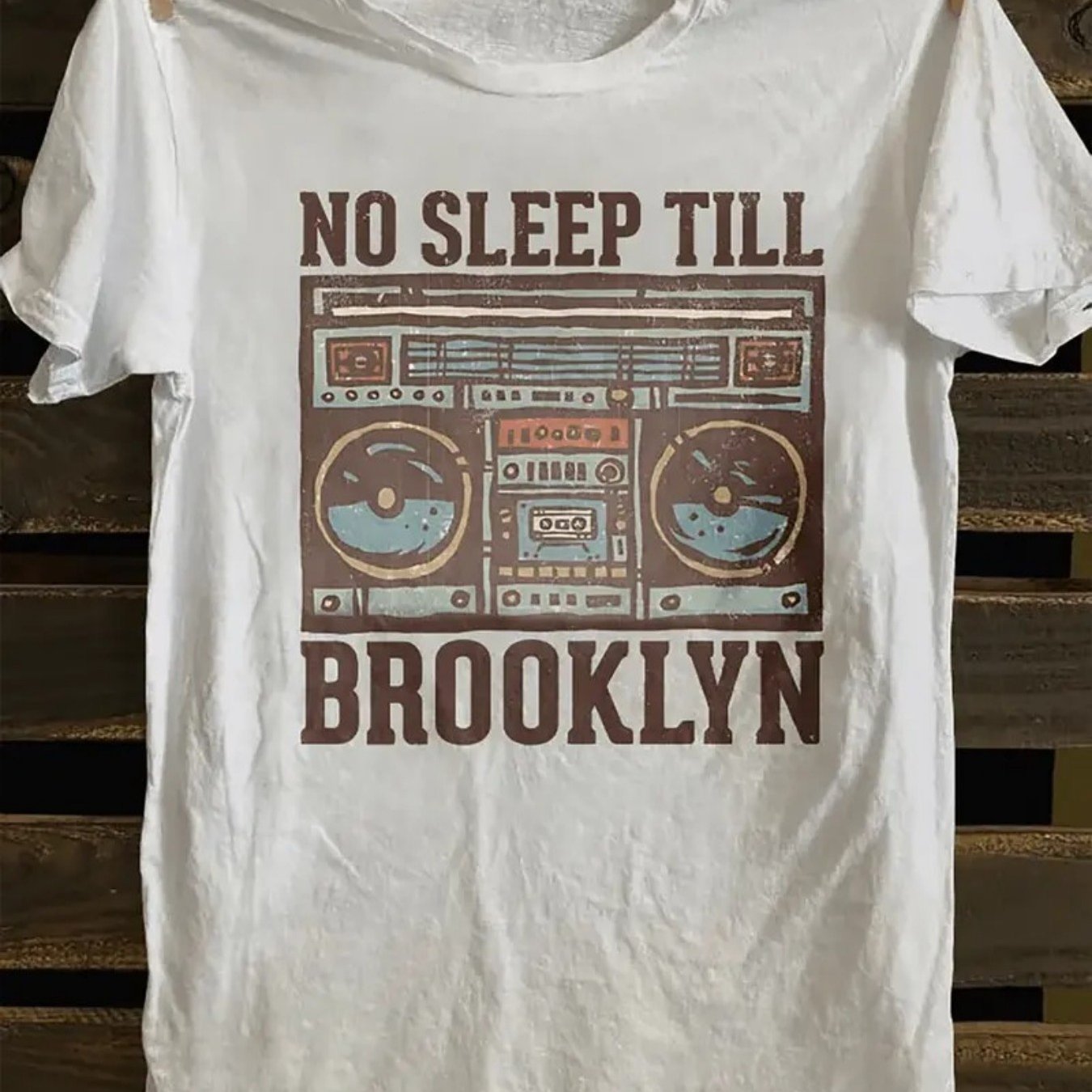 TEMU Unisex Casual Short Sleeve T-shirt- Loose Fit Retro Brooklyn Boombox Geometric Pattern Print Crew Neck Top, Machine Washable Comfortable
