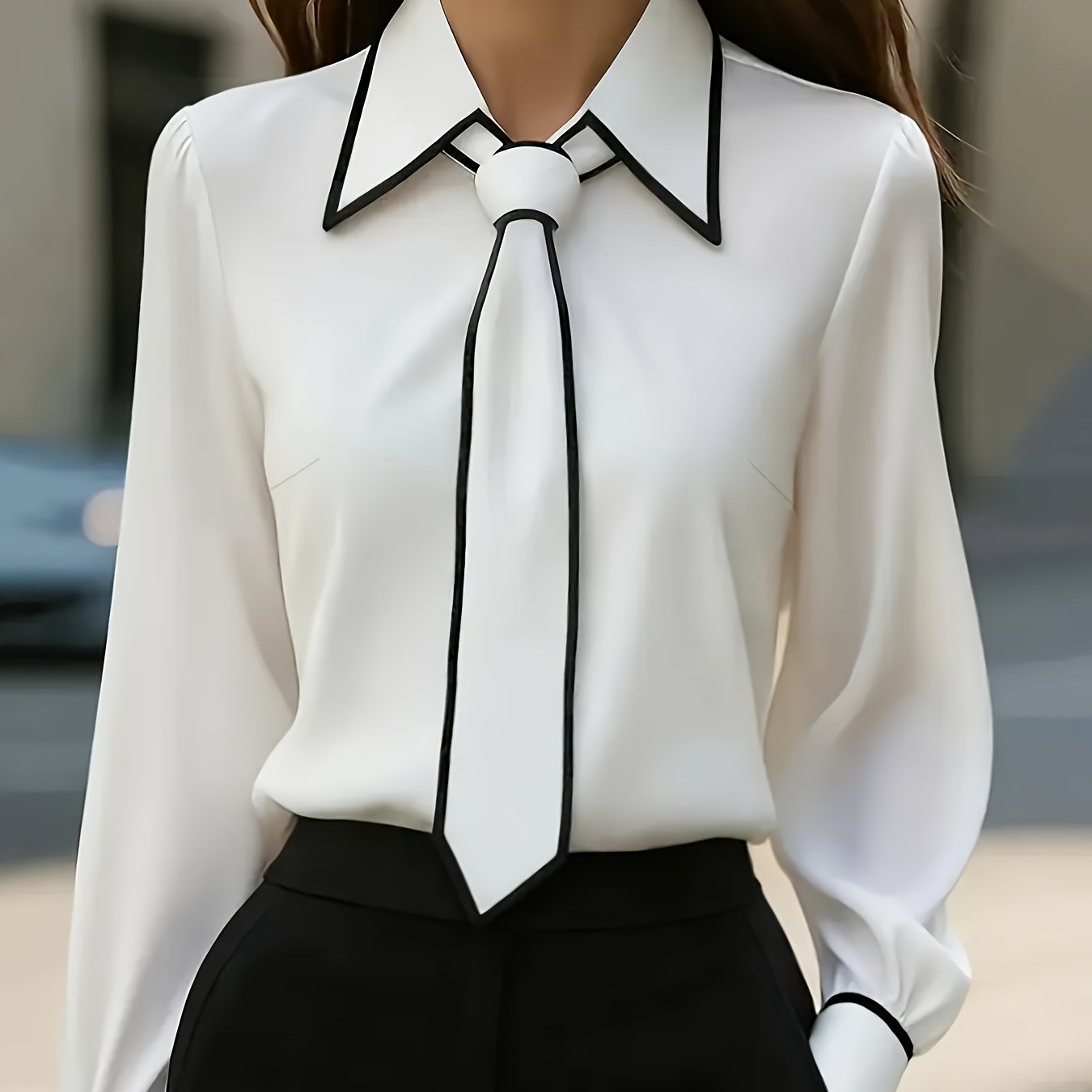 E-shop Modische Damen Elegantes Revers Langarmhemd mit Schleife, Casual Business Bürohemd Oberteil