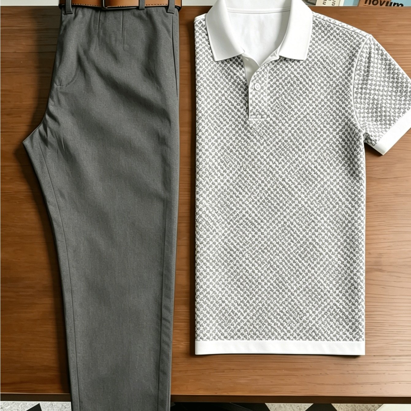 Image of Men's 2pcs Casual Outfit Set, Allover Tiny Grey Ditsy Full Print Short Sleeve Shirt + Solid Dark Gray Straight Leg Chino Pants, Summer Matching Suit