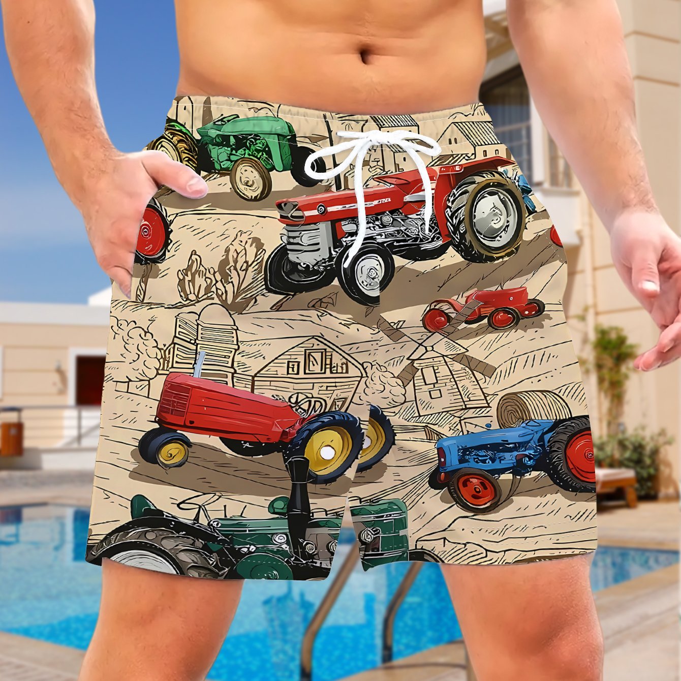 TEMU 's Casual Shorts, Painted Random Placement, Outlining Pastoral Sketch, Festive Gathering All-match, Polyester Fabric Machine Washable, Beach