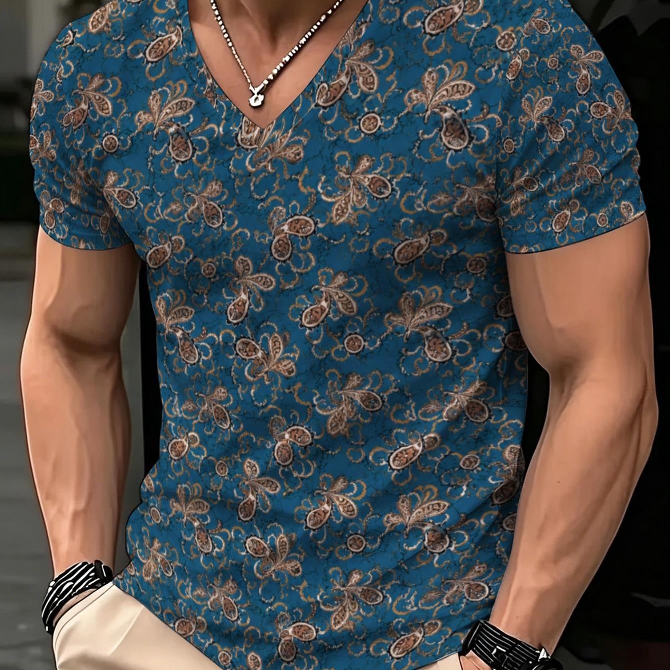 TEMU Mens Summer V Neck Short Sleeve T-shirt Fashion Trendy Print Slim Fit Casual Versatile Breathable Top, Suitable For Leisure And Sports