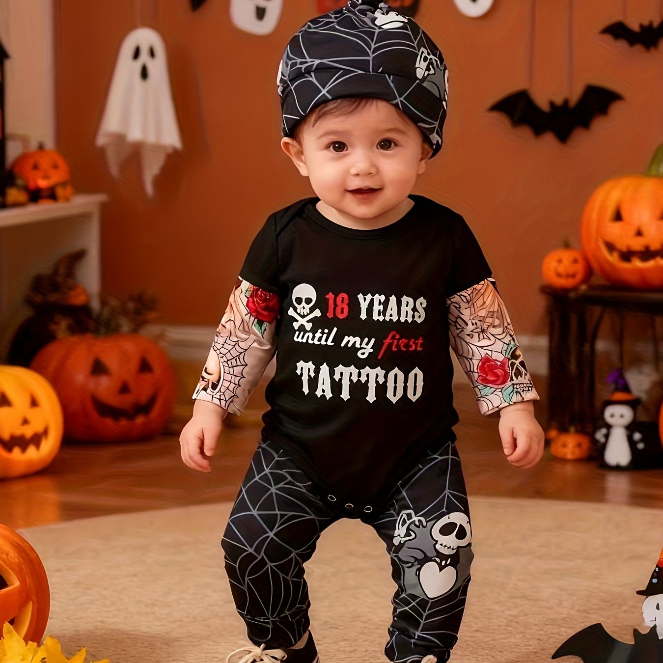 Image of Newborn Baby Boy Clothes Tattoo Sleeve Funny Letter Print Romper Bodysuit Pants 3pcs Infant Boy Outfits Set Halloween, Perfect For Outdoor