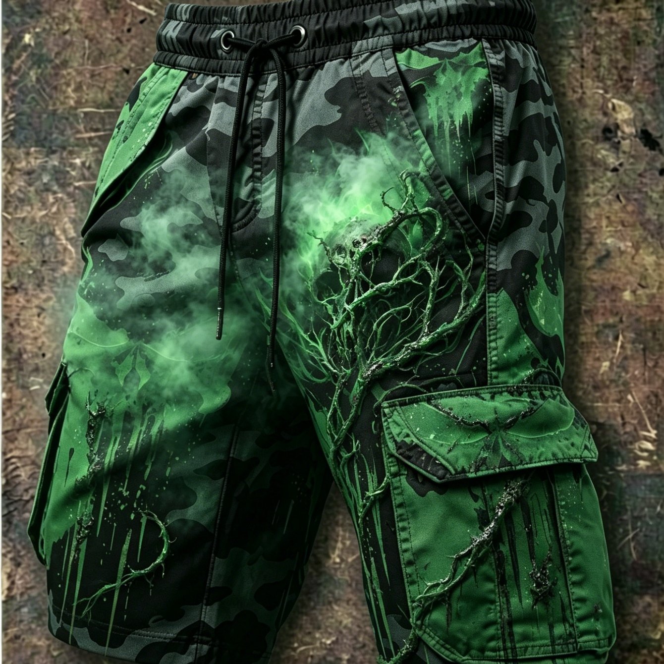 Men's Dark Tech Style Green Camouflage Cargo Shorts, Springsummer Outdoor Camping Casual Versatile Multi- Shorts