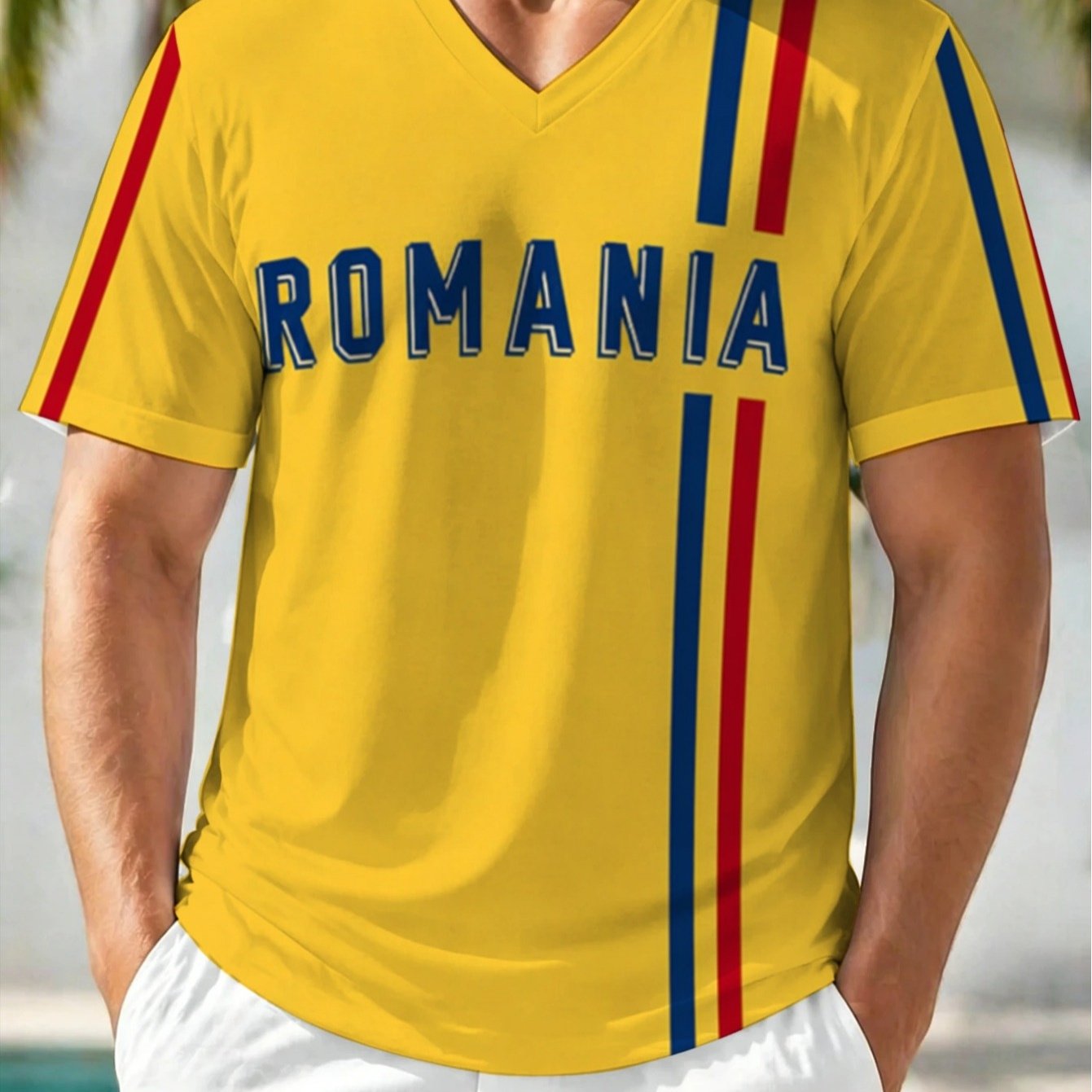 TEMU Men's Romania Football Jersey - Official V-neck Jersey With Iconic Yellow Base & Stripes, Lightweight Breathable Suitable For Stadium, Training,