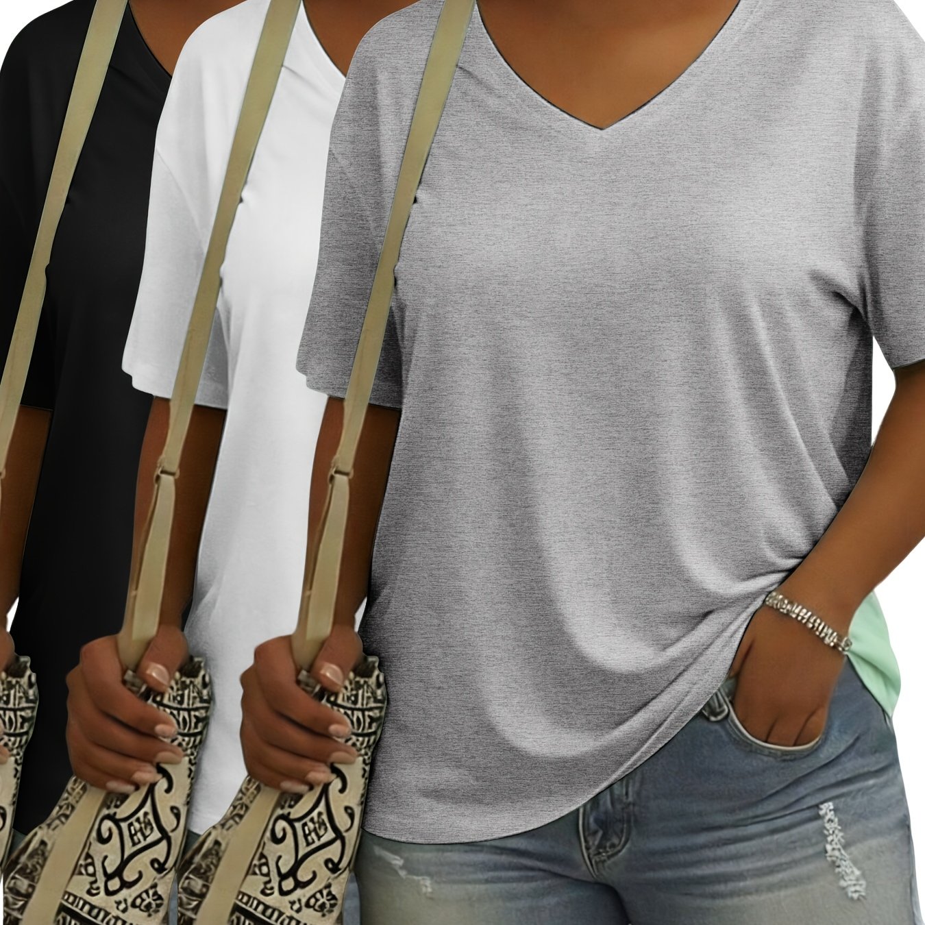 3pcs Plus Size Women's Casual Athletic T-shirts, Round Neck(random Colors)
