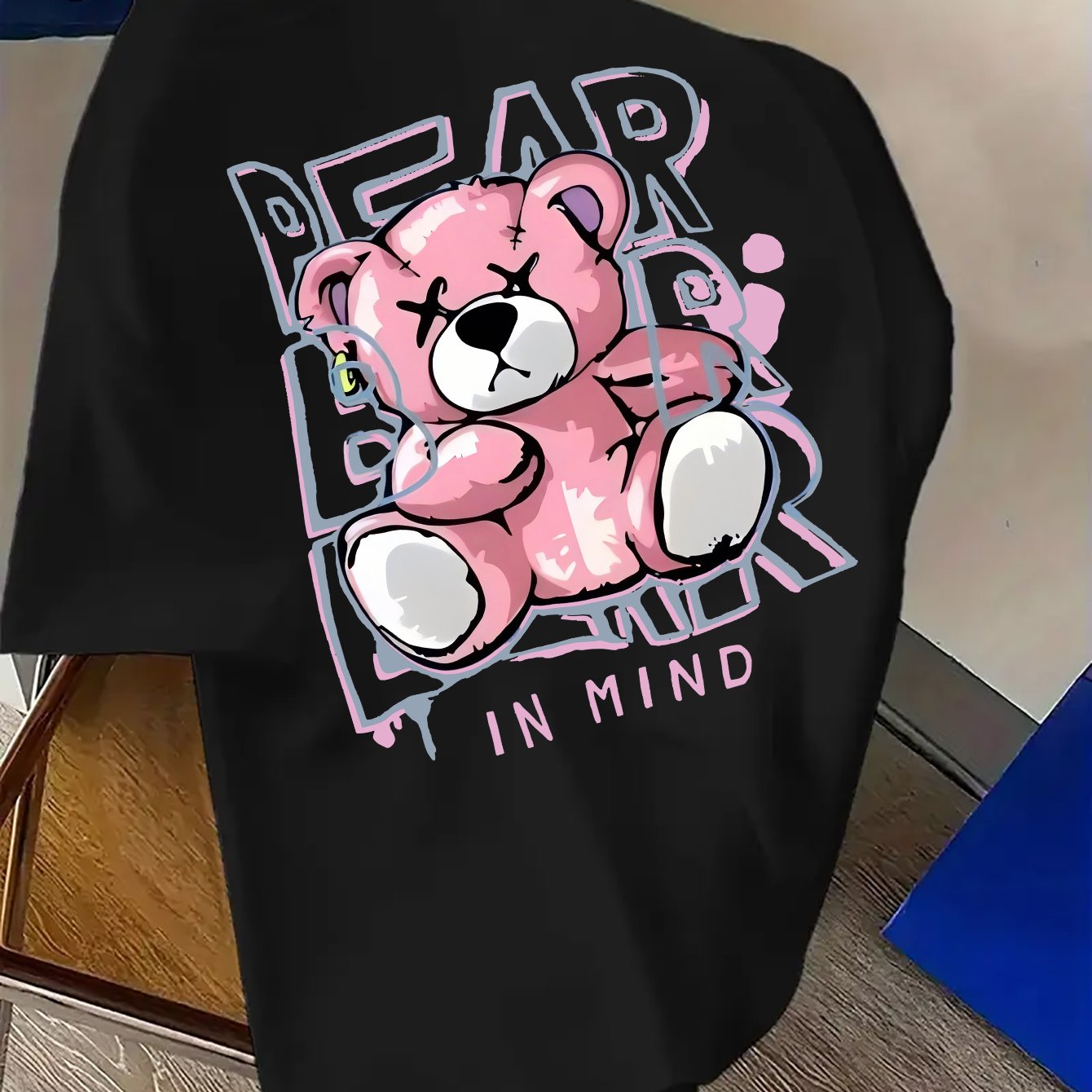 TEMU Y2k Men's Pink Bear Graphic T-shirt - Oversized Streetwear Crew Neck Tee With Pink Bear Print, Loose Fit Shoulder Summer Casual Shirt Suitable