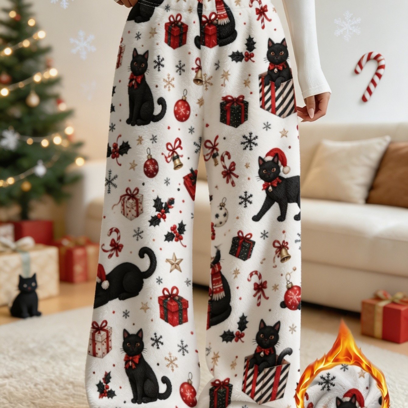 TEMU Women's Wide-leg Loungewear Pants, Black Cat Gift Box , Snowflake, And Bow Christmas Animal Print, Women's Autumn/winter -lined Pants, Loose