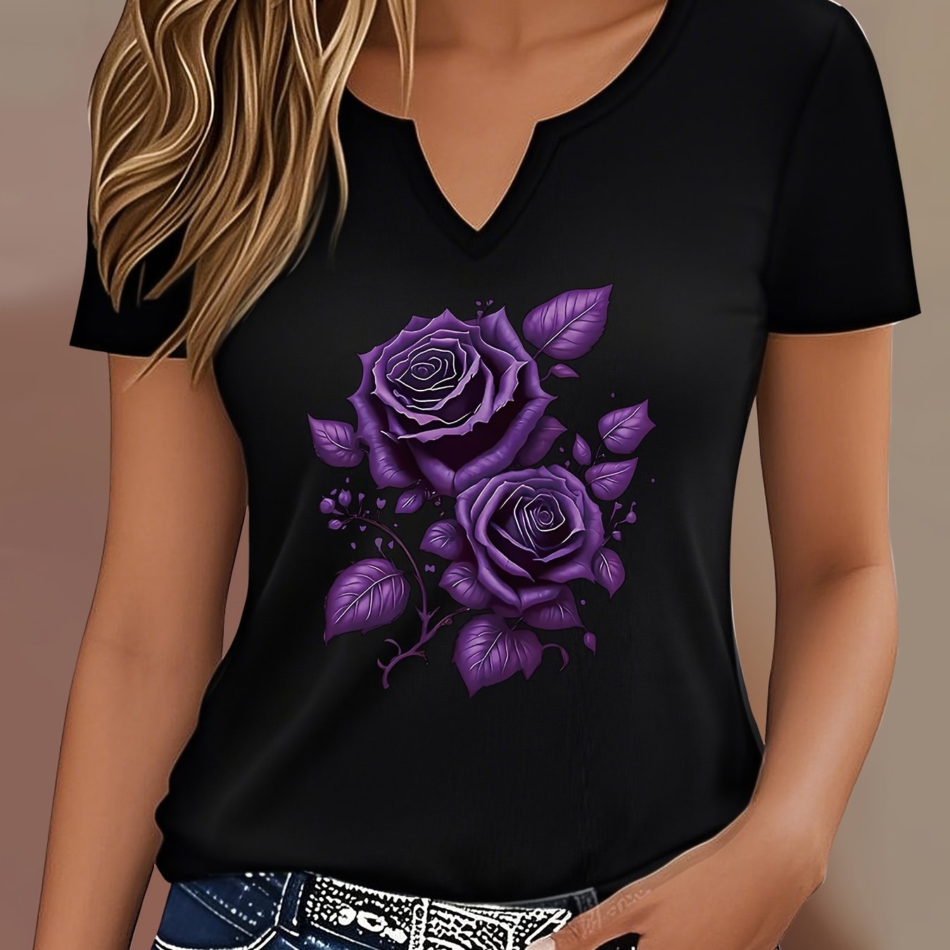 TEMU Letter Print T-shirt, Short Sleeve V Neck Casual Top For Summer And Spring, Women's Clothing