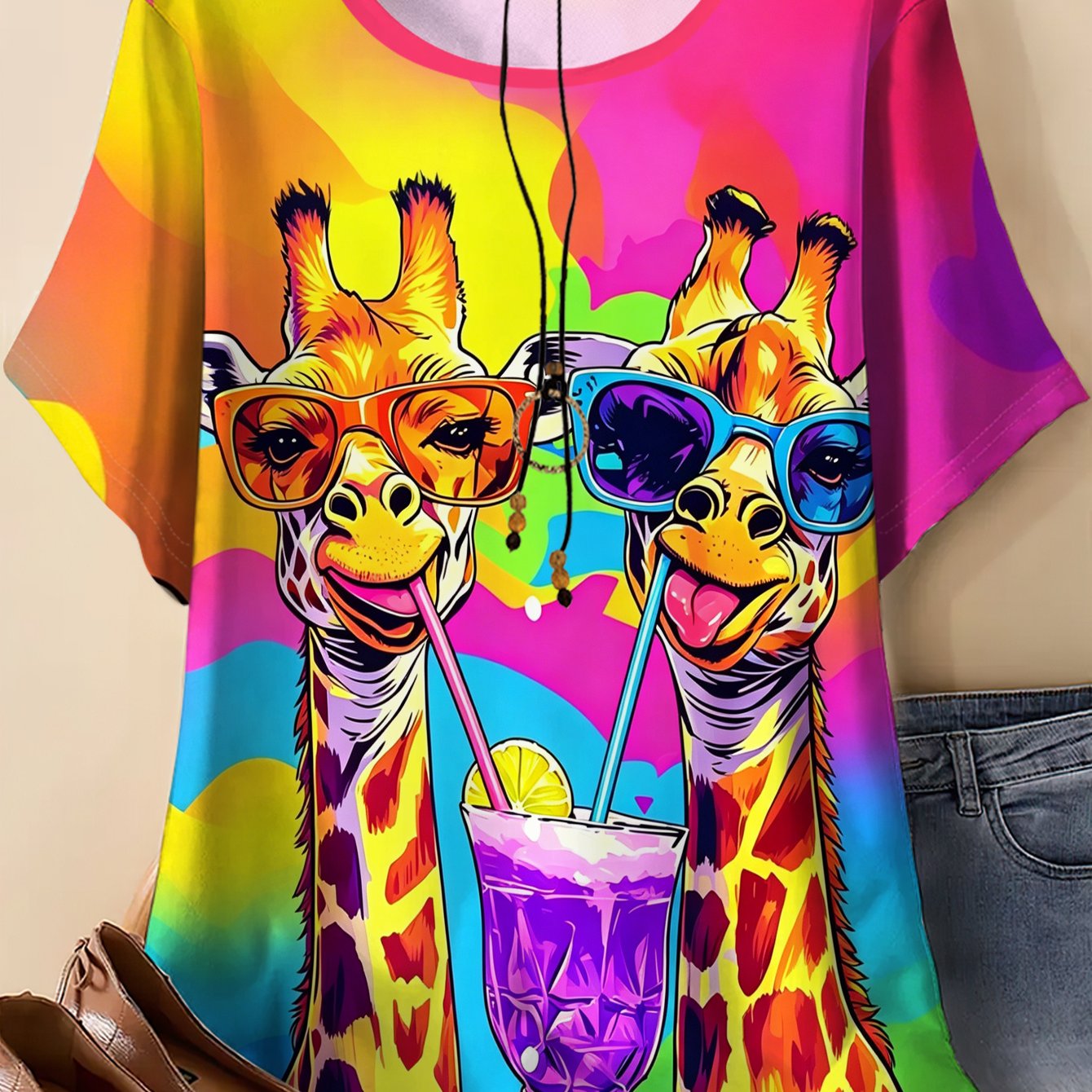 TEMU Plus Size - Summer Women's Short Sleeve Plus Size Neon Gradient Giraffe Print Top, Breathable And Skin-friendly T-shirt, Machine Washable,