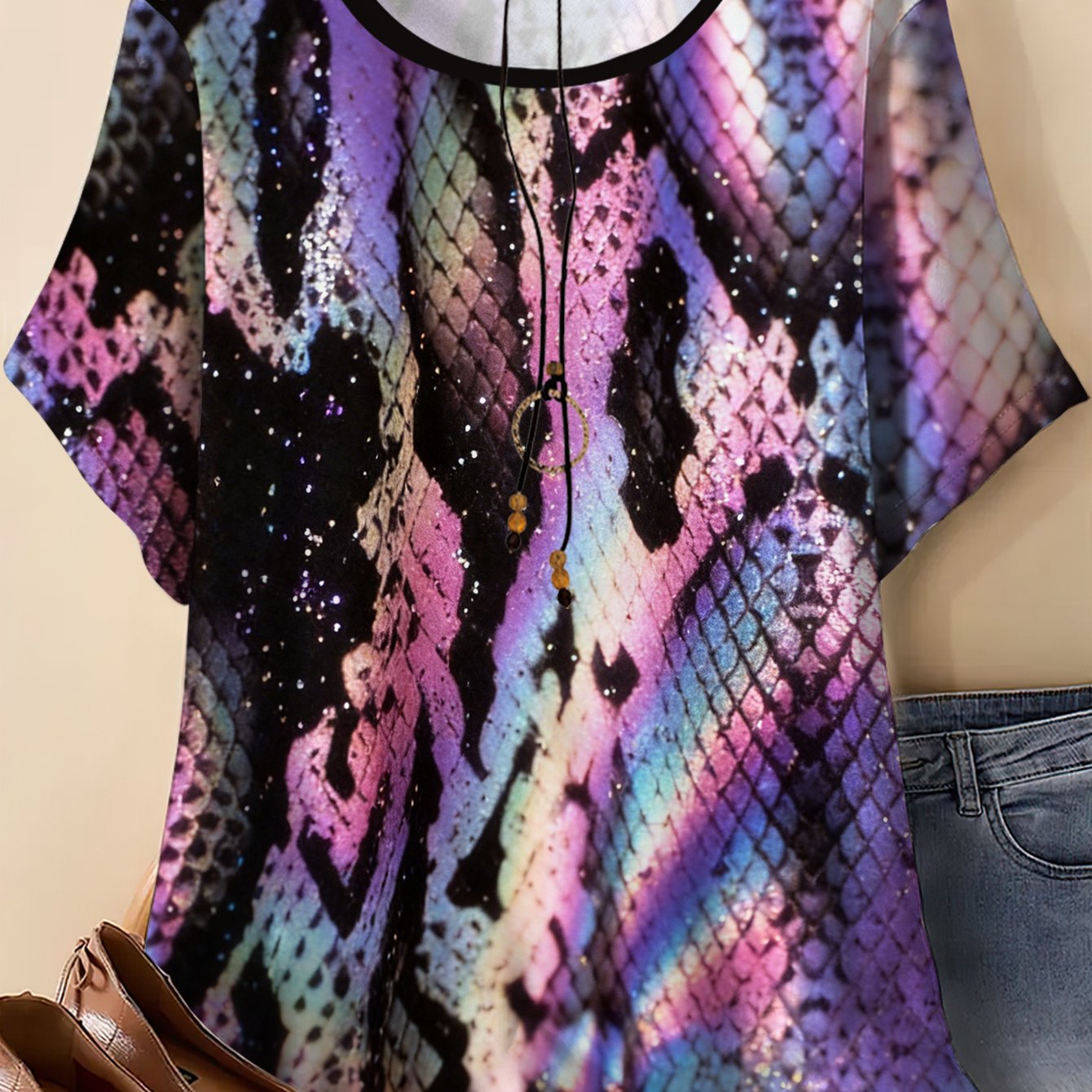 TEMU Plus Size, Women' Holographic Snake Print Glitter Gradient T-shirt - Loose Fit Short Sleeve Crew Neck Summer Top With Opaque Suitable For