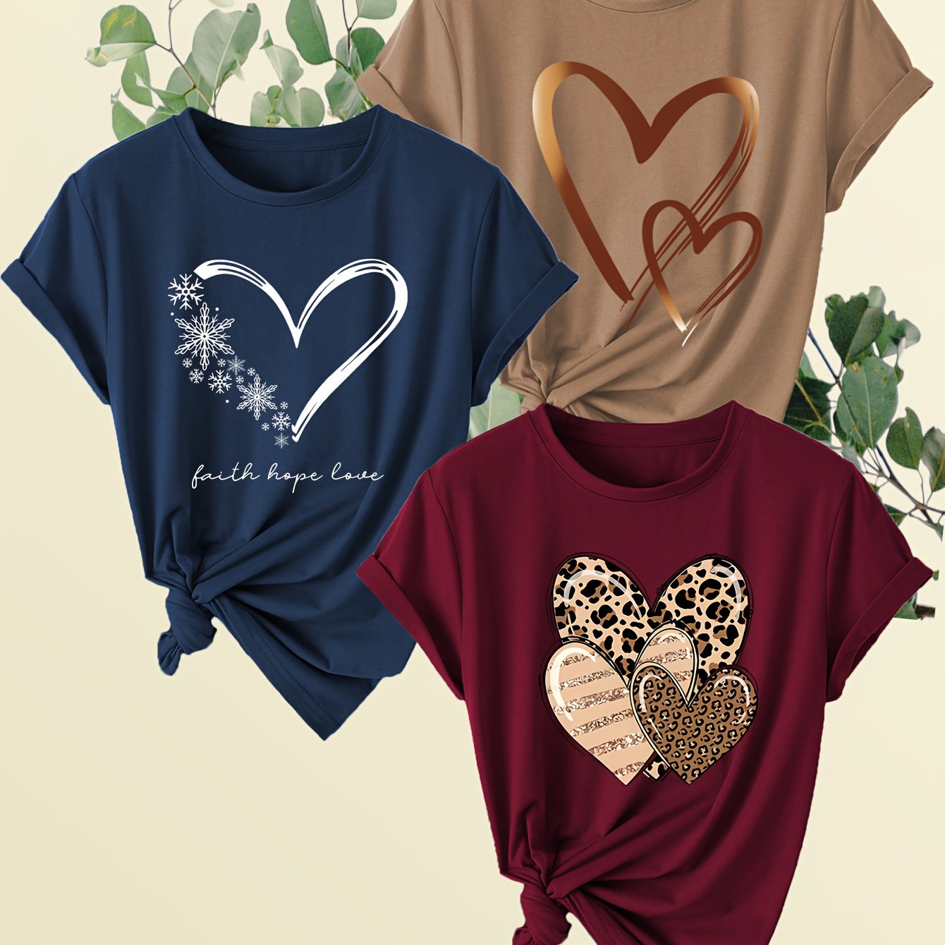 3-pack Print Short Sleeve T-shirts, Casual Crew Neck Polyester Tops, Spring/summer Knit Fabric Pullovers, Regular Fit H-style Tee Shirts With Stretch - 180gsm