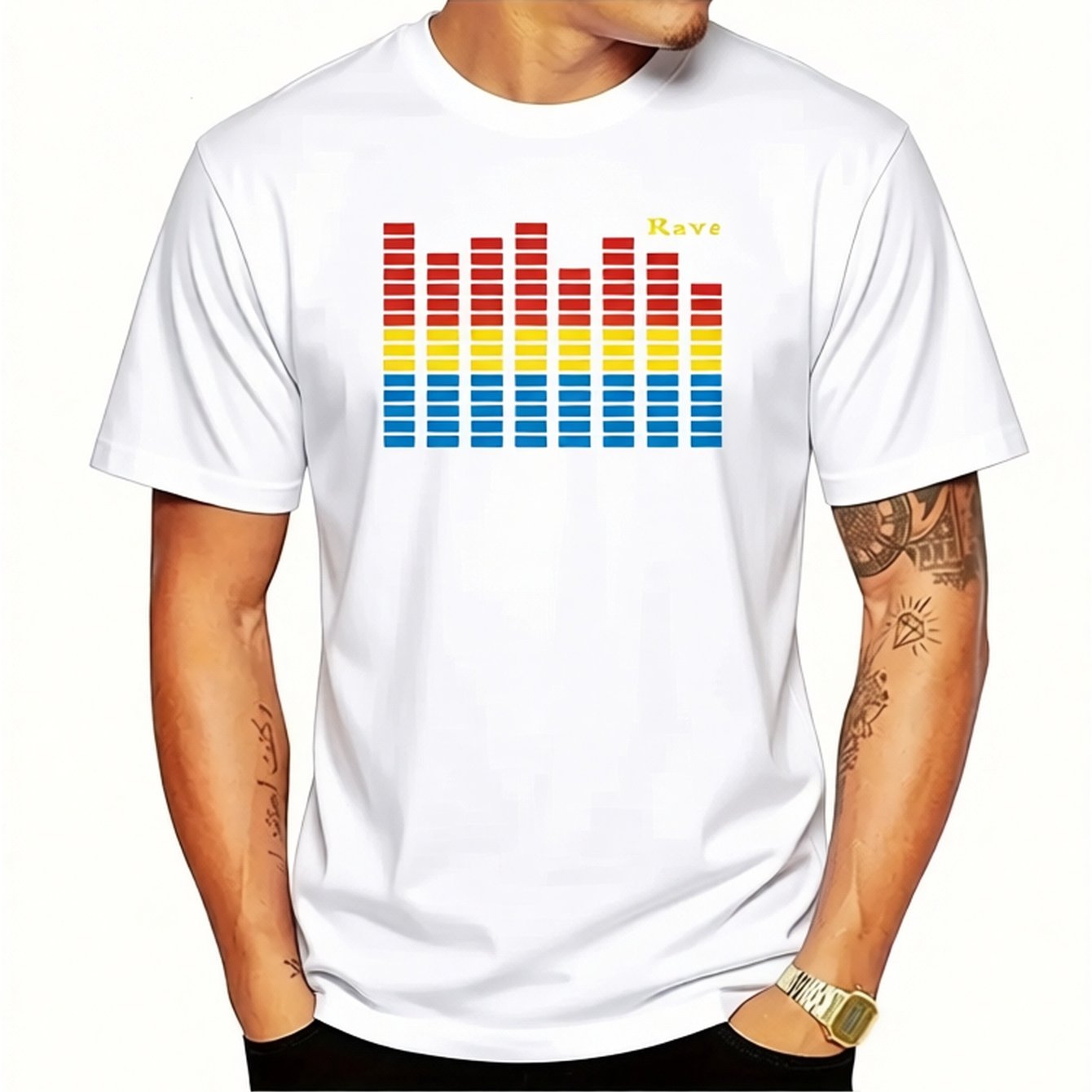 Image of 1pc Men's T-shirt With El Equalizer Graphic - Black Rave Design, Suitable For Djs, Club Disco Parties - Machine Washable, Regular Fit Casual T-shirt, 180g, Dj Attire, Graphic T-shirt