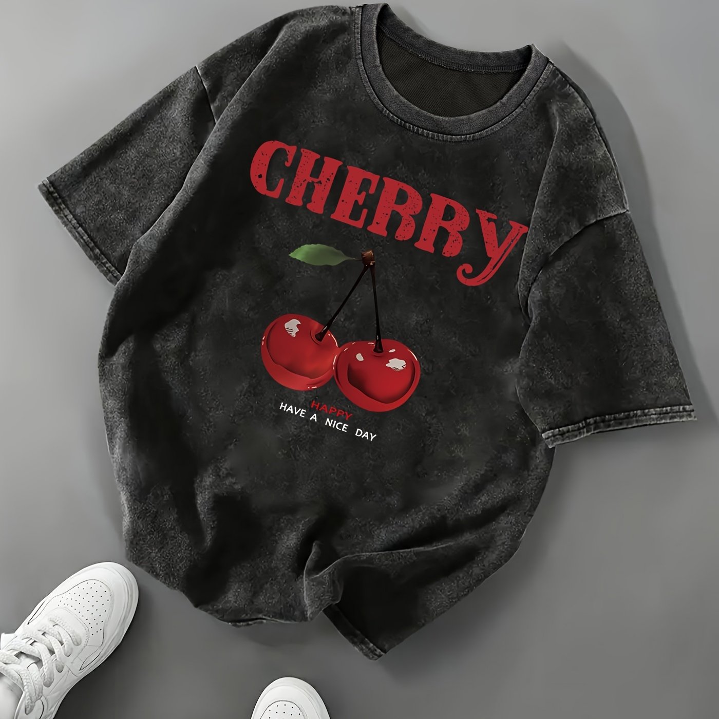 Women's Casual Short-sleeve Top With A Cherry Pattern And A Relaxed Round Neckline