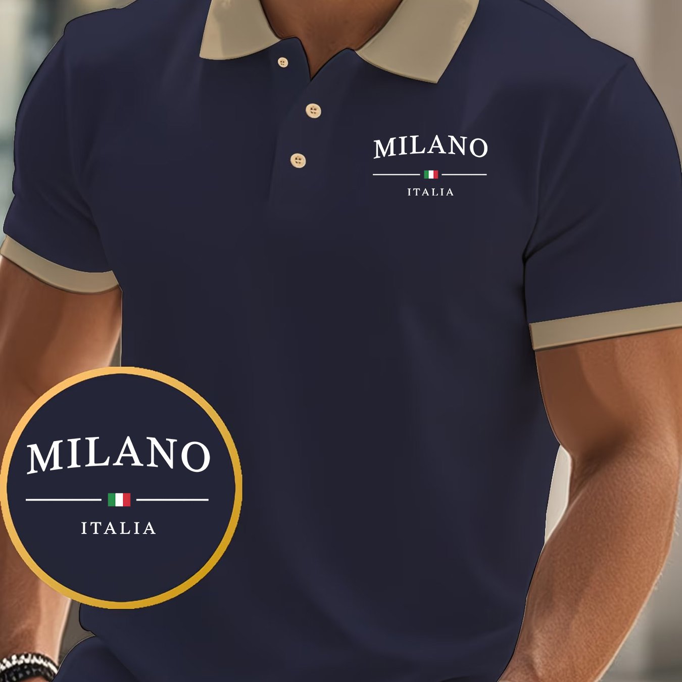 TEMU Retro Milanoitalia Letter Print 1pc Men's Summer Jsh881 Short Sleeve Golf Shirt, Soft Comfortable Breathable Outdoor Sports Or Home Casual Wear