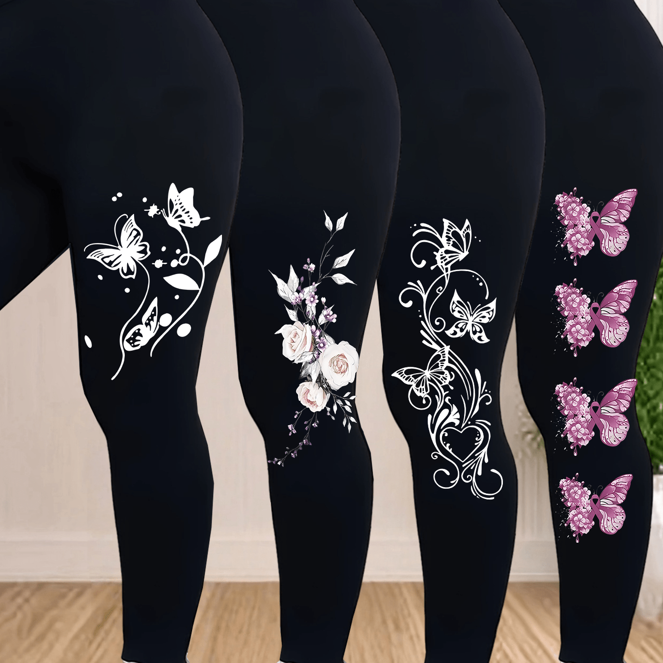 TEMU Plus Size - Plus Size - Extension 4pcss Plus Size Casual Pants, Women's Floral Print Elastic High-stretch Leggings 4pcs Set