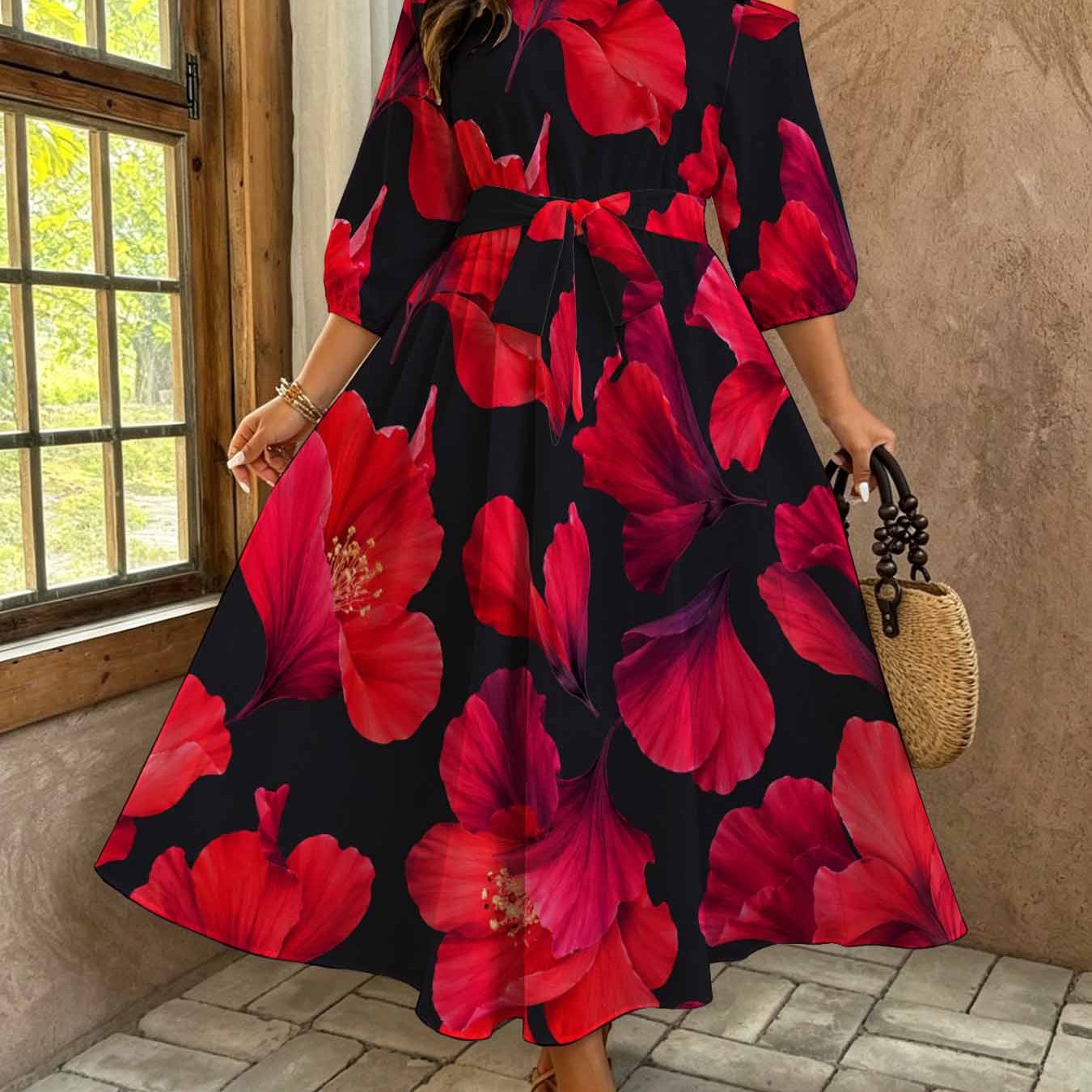 Image of Plus Size, Plus Size Vibrant Red Flower Print Off Shoulder Maxi Dress Bohemian Casual Belted Flowy Elegant Maxi Dress, Breathable Soft Fabric, Perfect For Beach Parties