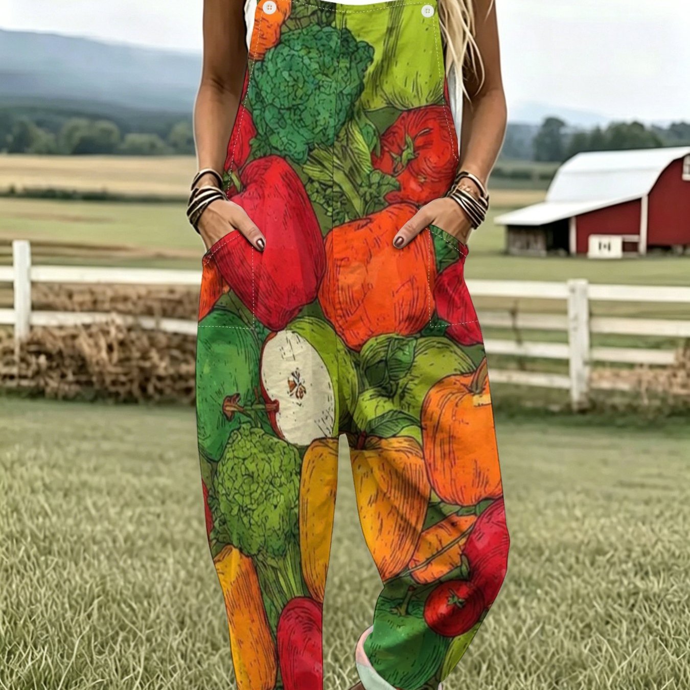 TEMU Women's Bell Pepper Print Overalls - Sleeveless Button-front Pants With Pockets, Loose Fit Full-bottom Design, Natural Style For Spring Summer