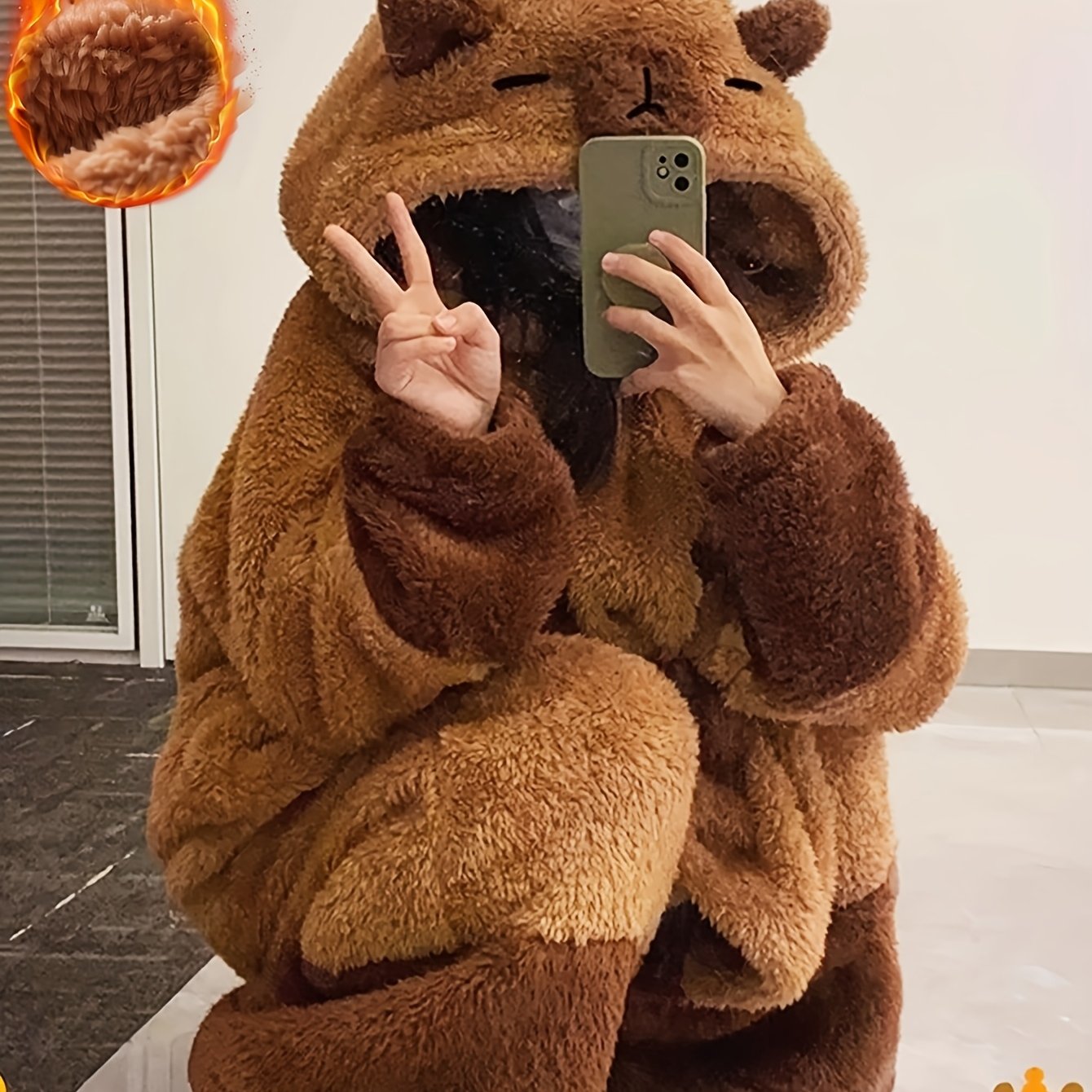 TEMU Cute Cartoon Bear Fleece Thickened Night Robe For Fall & Winter, Long Sleeve Hooded Loose Fit Robe With Pockets, Women's Sleepwear & Dresses